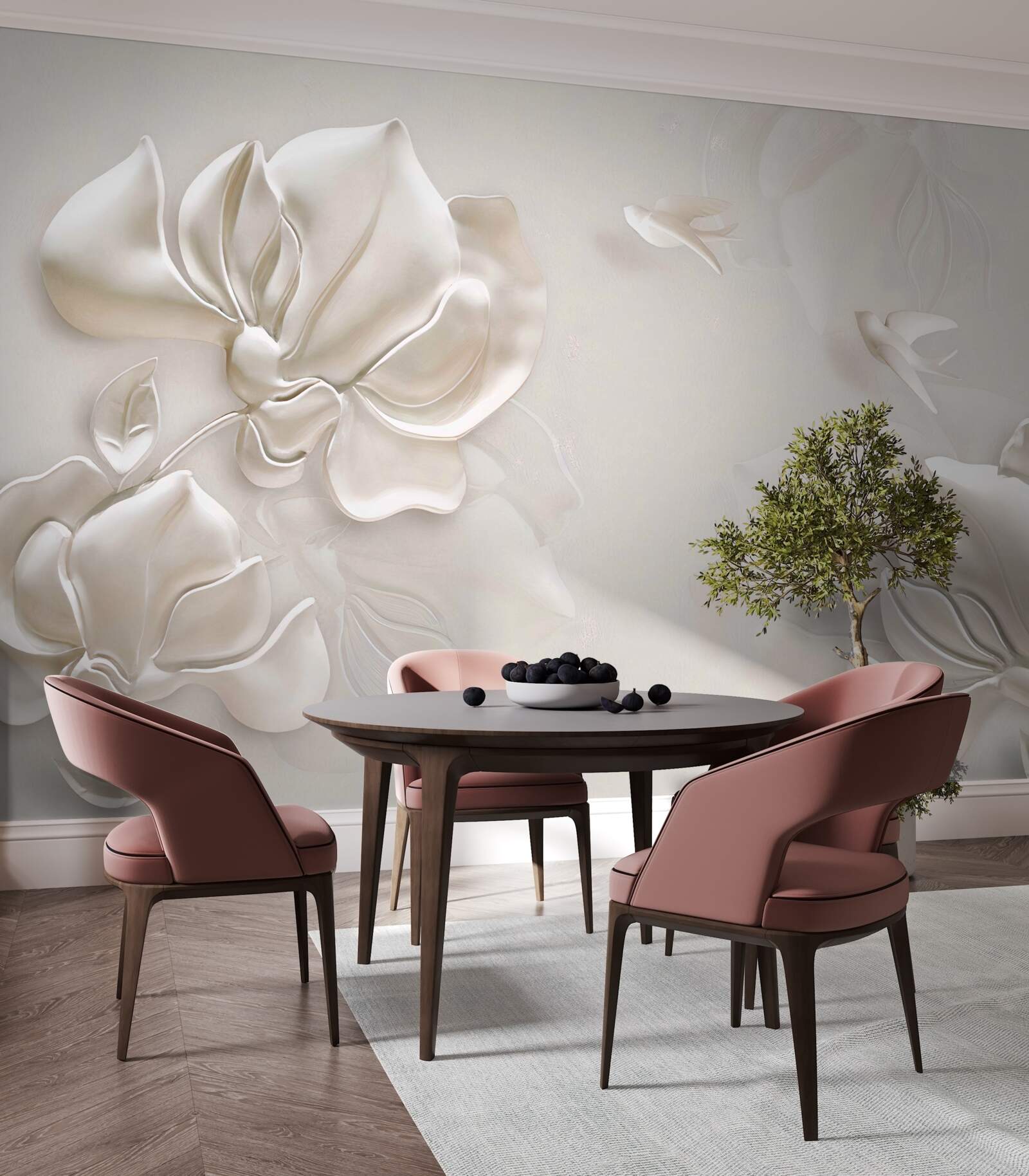 Fototapet păsări și flori din material alb