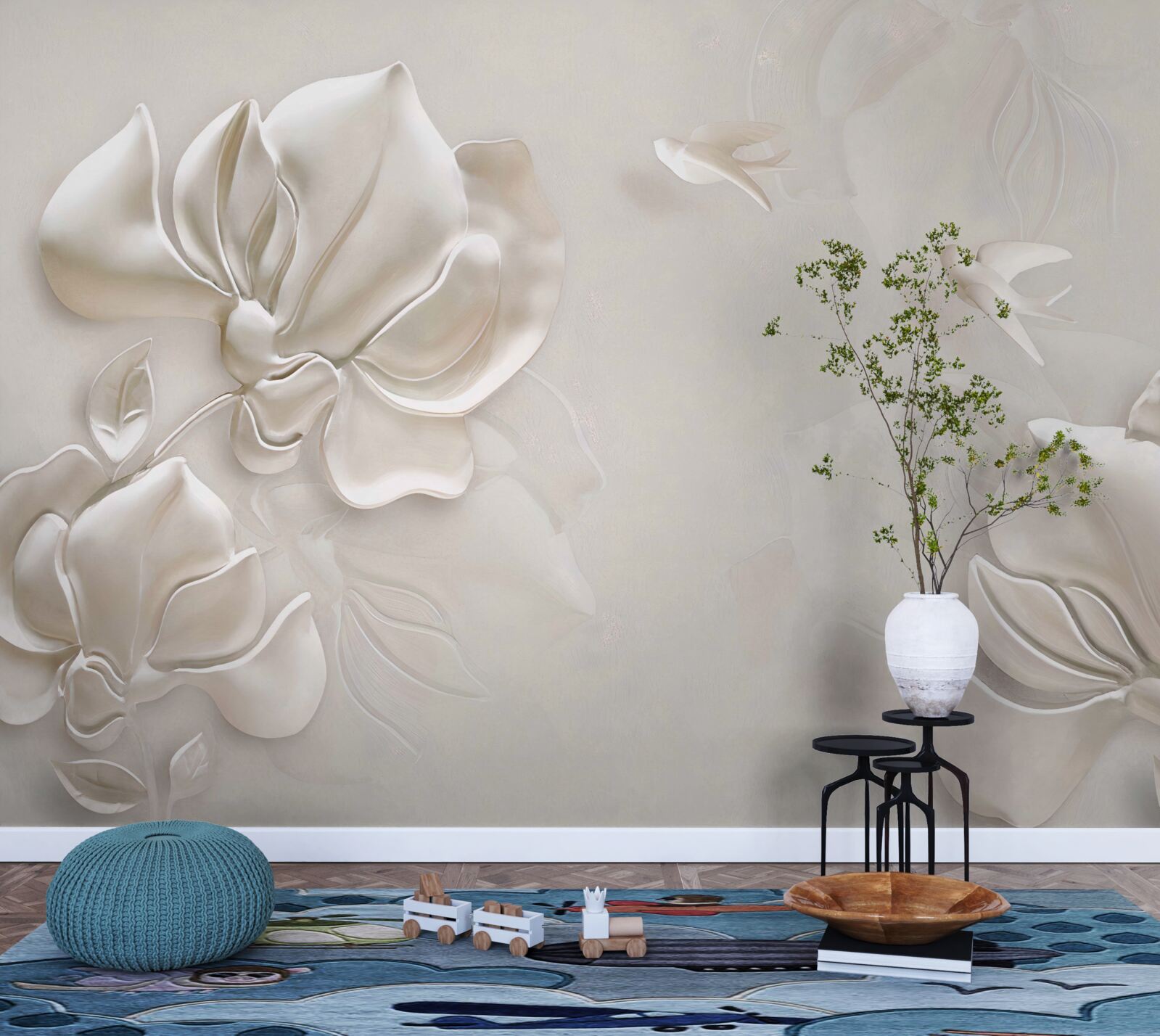 Fototapet păsări și flori din material alb