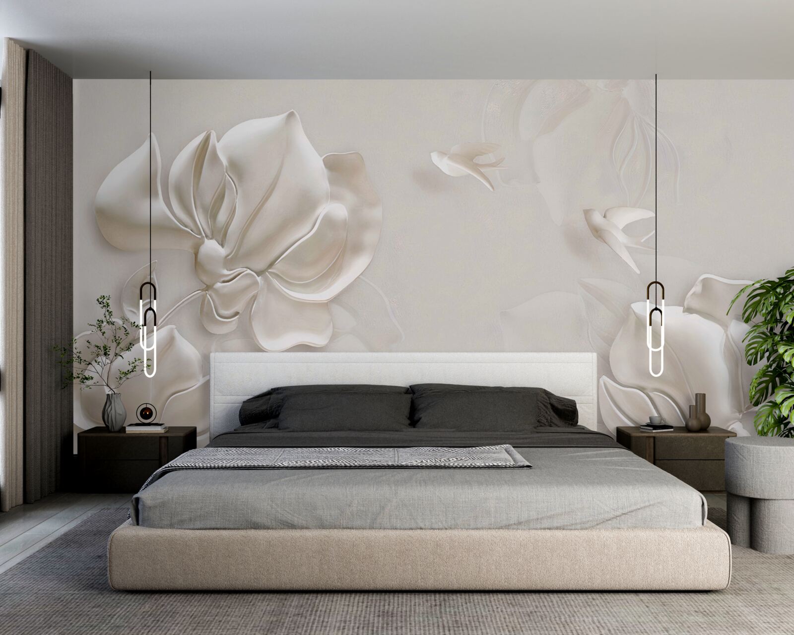 Fototapet păsări și flori din material alb