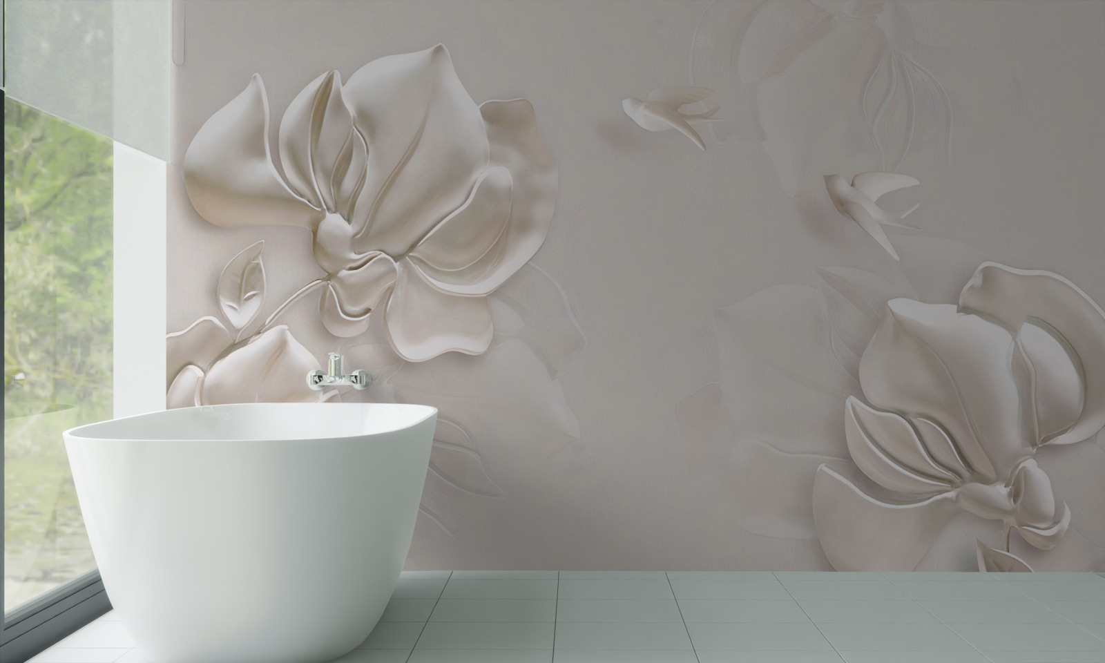 Fototapet păsări și flori din material alb