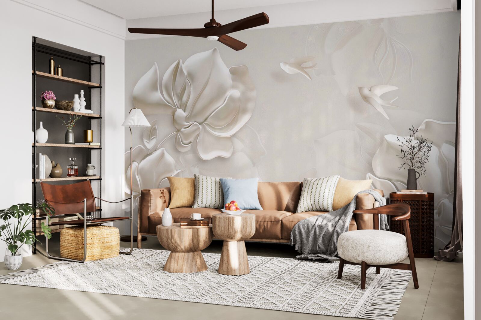 Fototapet păsări și flori din material alb