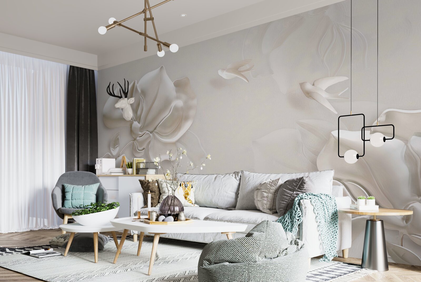 Fototapet păsări și flori din material alb