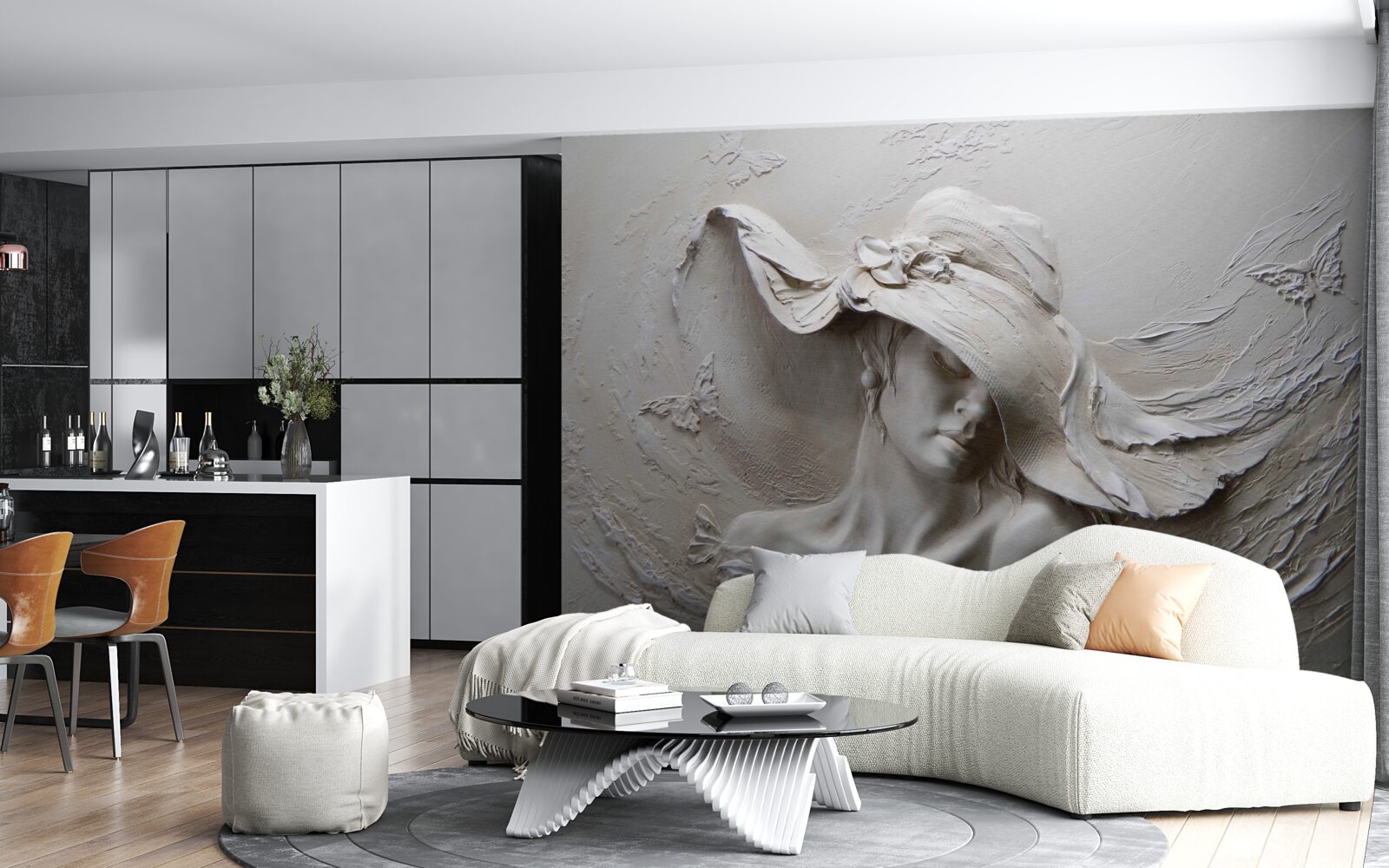 Fototapet pe perete o imagine sculptată a unei fete cu pălărie