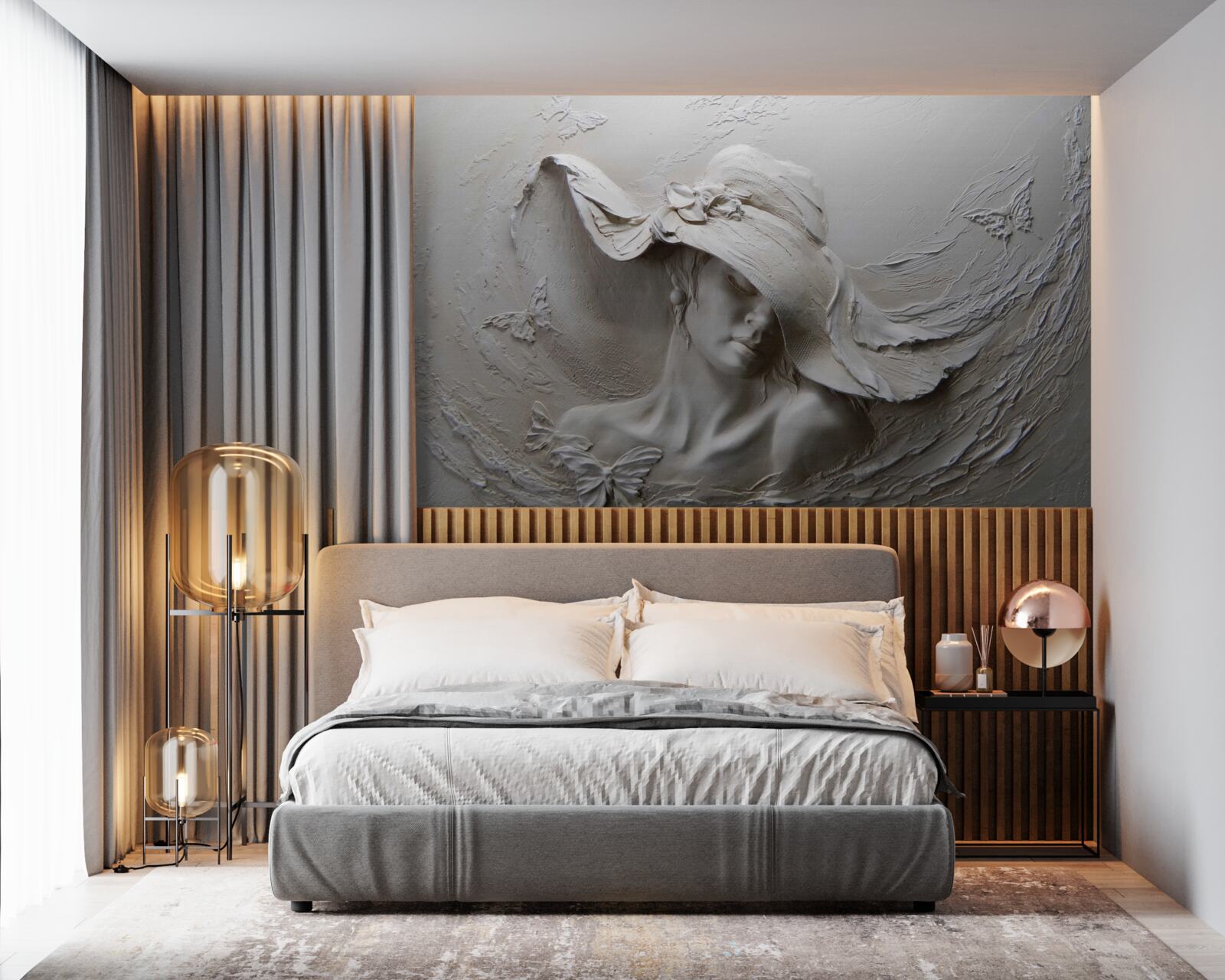 Fototapet pe perete o imagine sculptată a unei fete cu pălărie