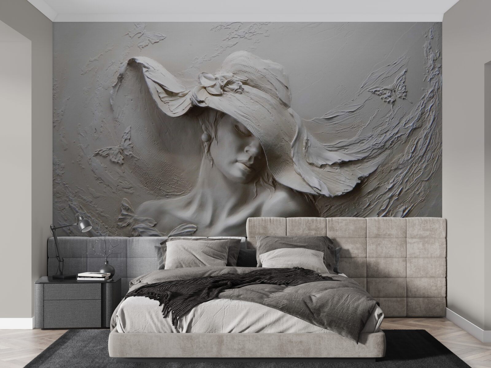 Fototapet pe perete o imagine sculptată a unei fete cu pălărie