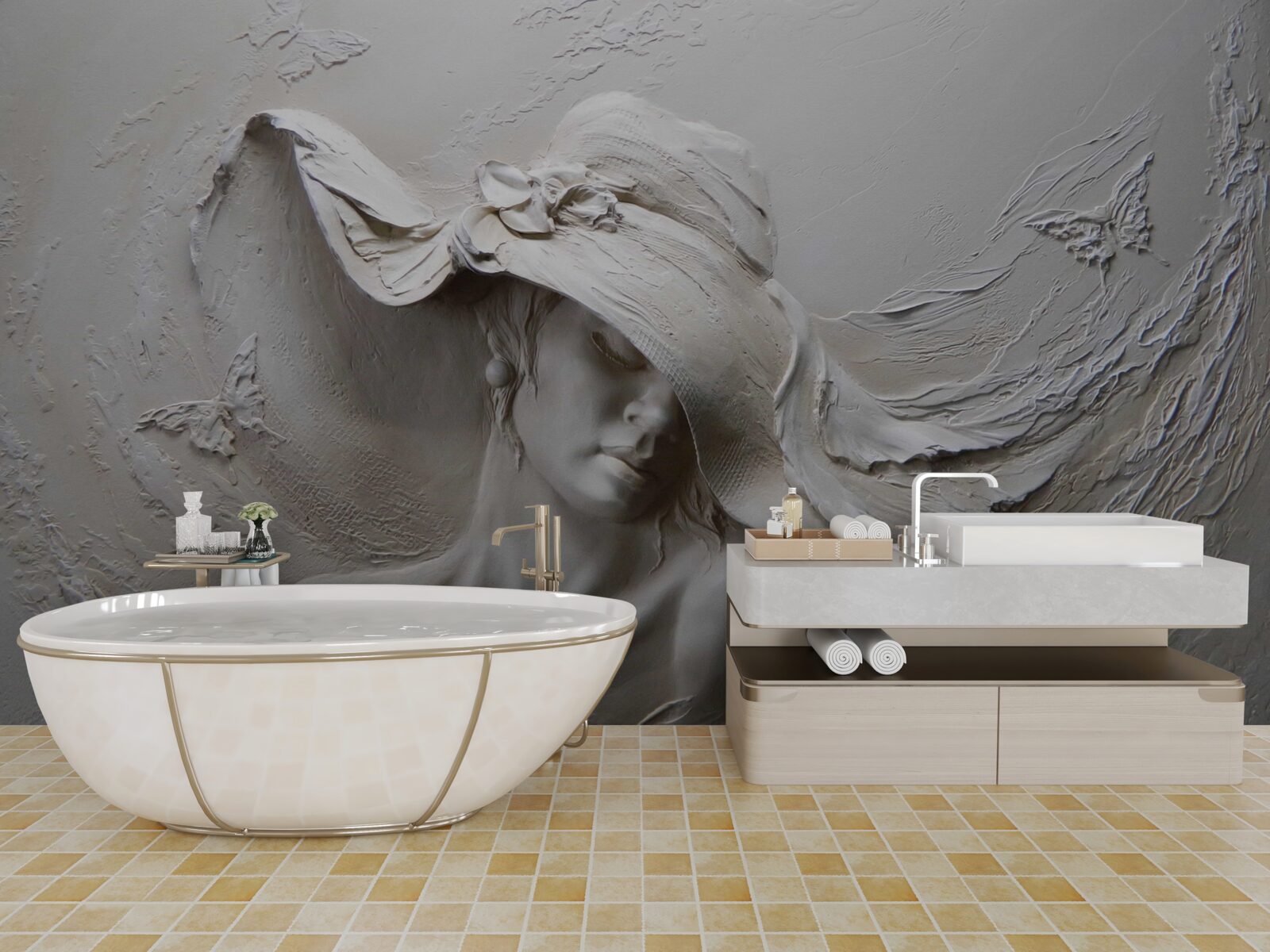 Fototapet pe perete o imagine sculptată a unei fete cu pălărie