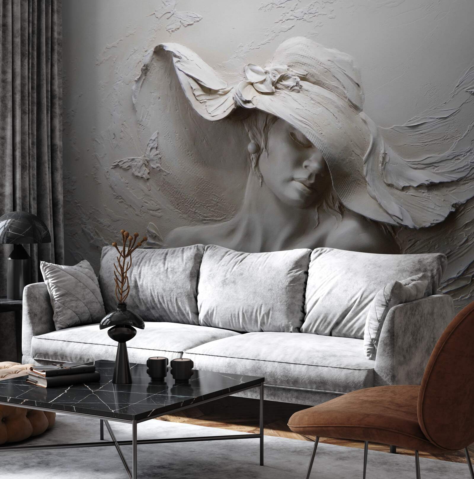 Fototapet pe perete o imagine sculptată a unei fete cu pălărie