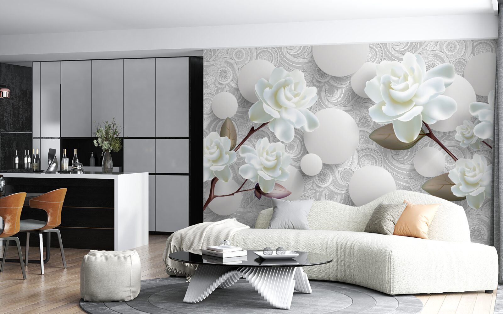 Fototapet cercuri și trandafiri albi ca zăpada