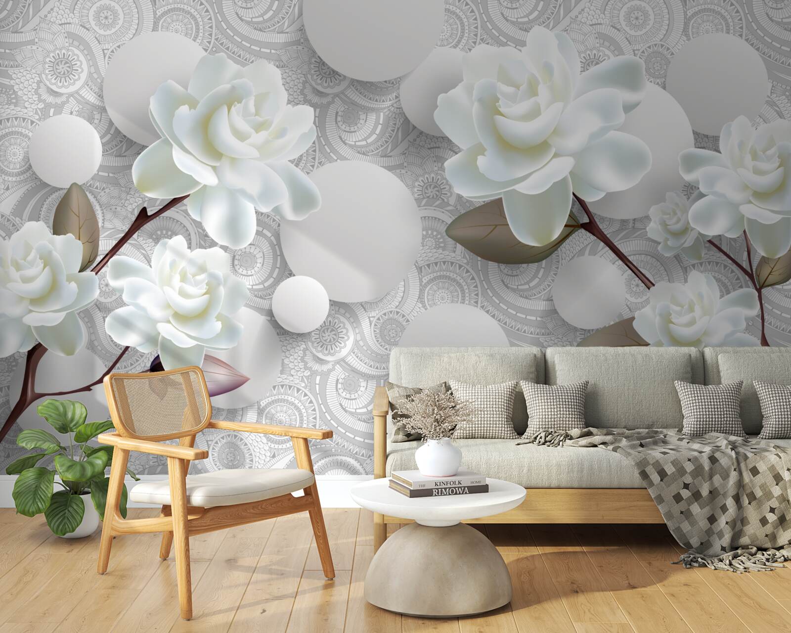 Fototapet cercuri și trandafiri albi ca zăpada