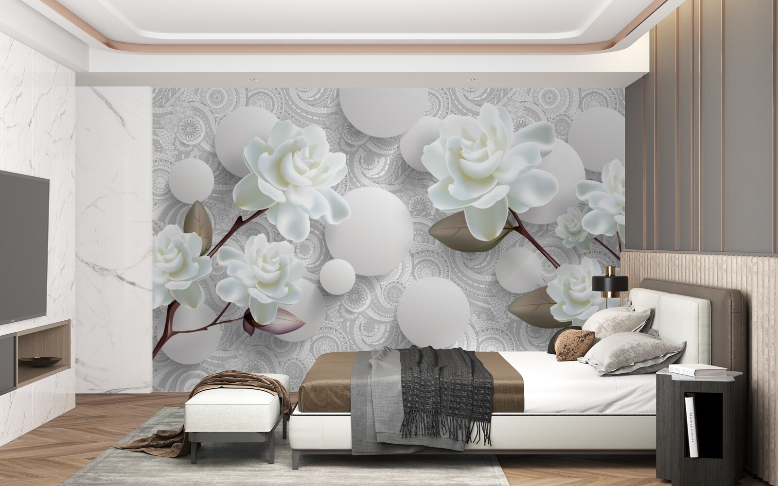 Fototapet cercuri și trandafiri albi ca zăpada