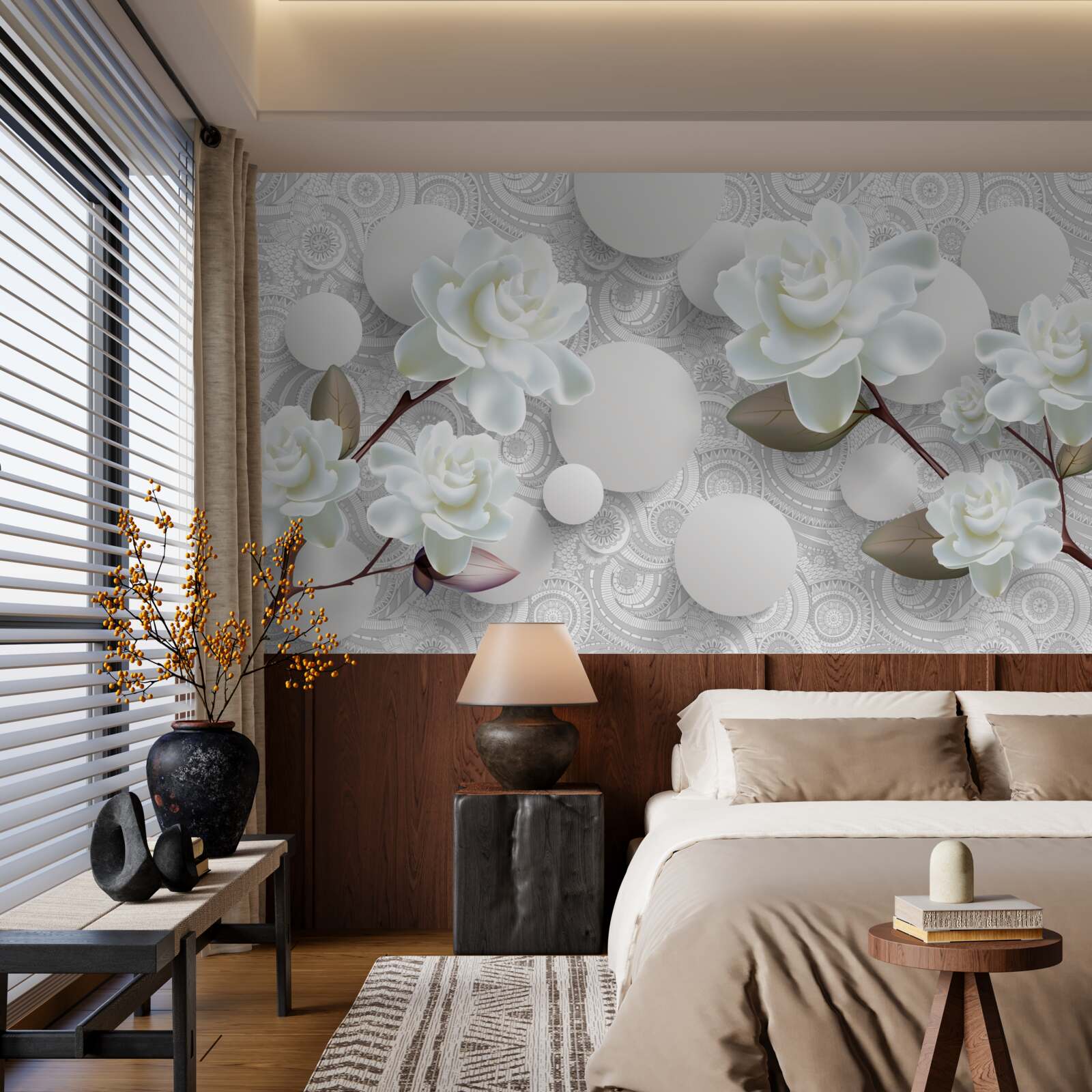 Fototapet cercuri și trandafiri albi ca zăpada