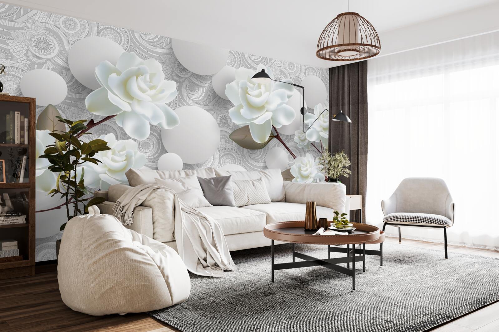 Fototapet cercuri și trandafiri albi ca zăpada