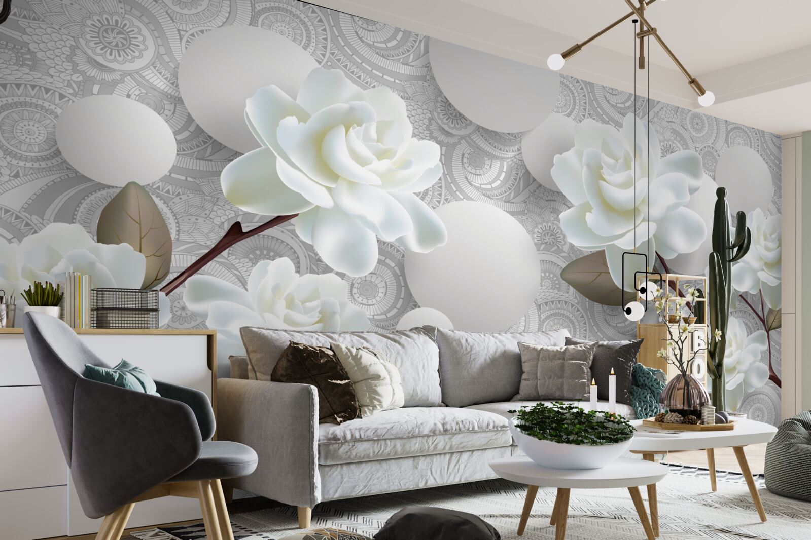 Fototapet cercuri și trandafiri albi ca zăpada