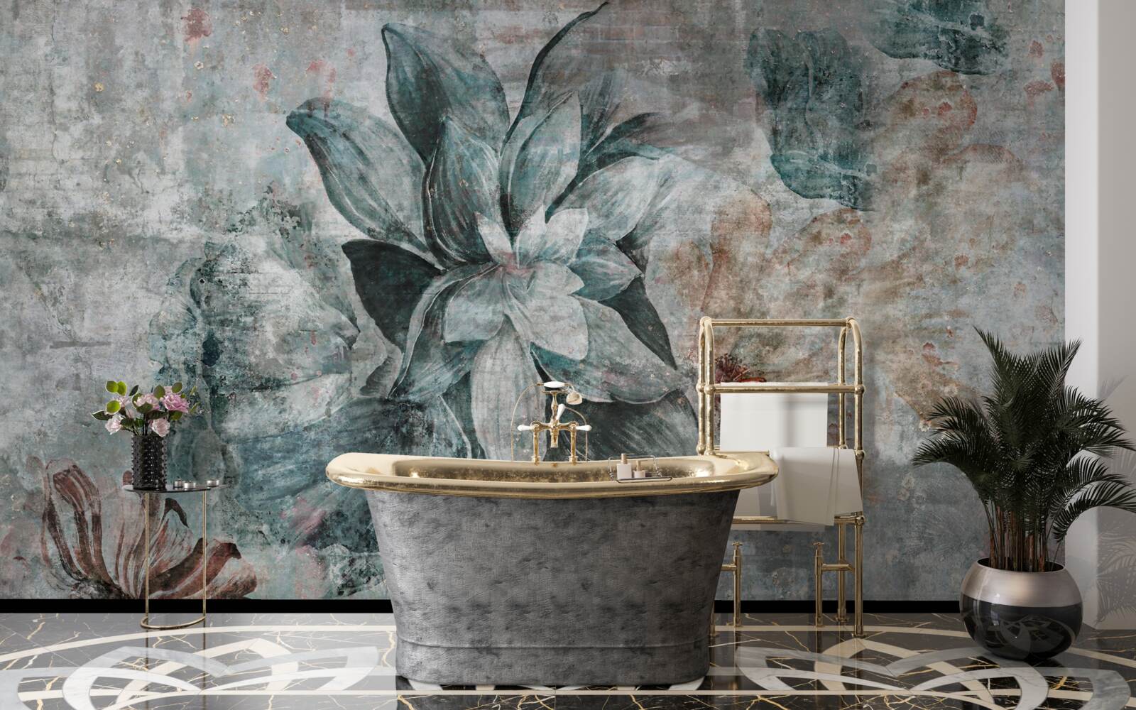 Fototapet plante înflorite pe o barieră de beton