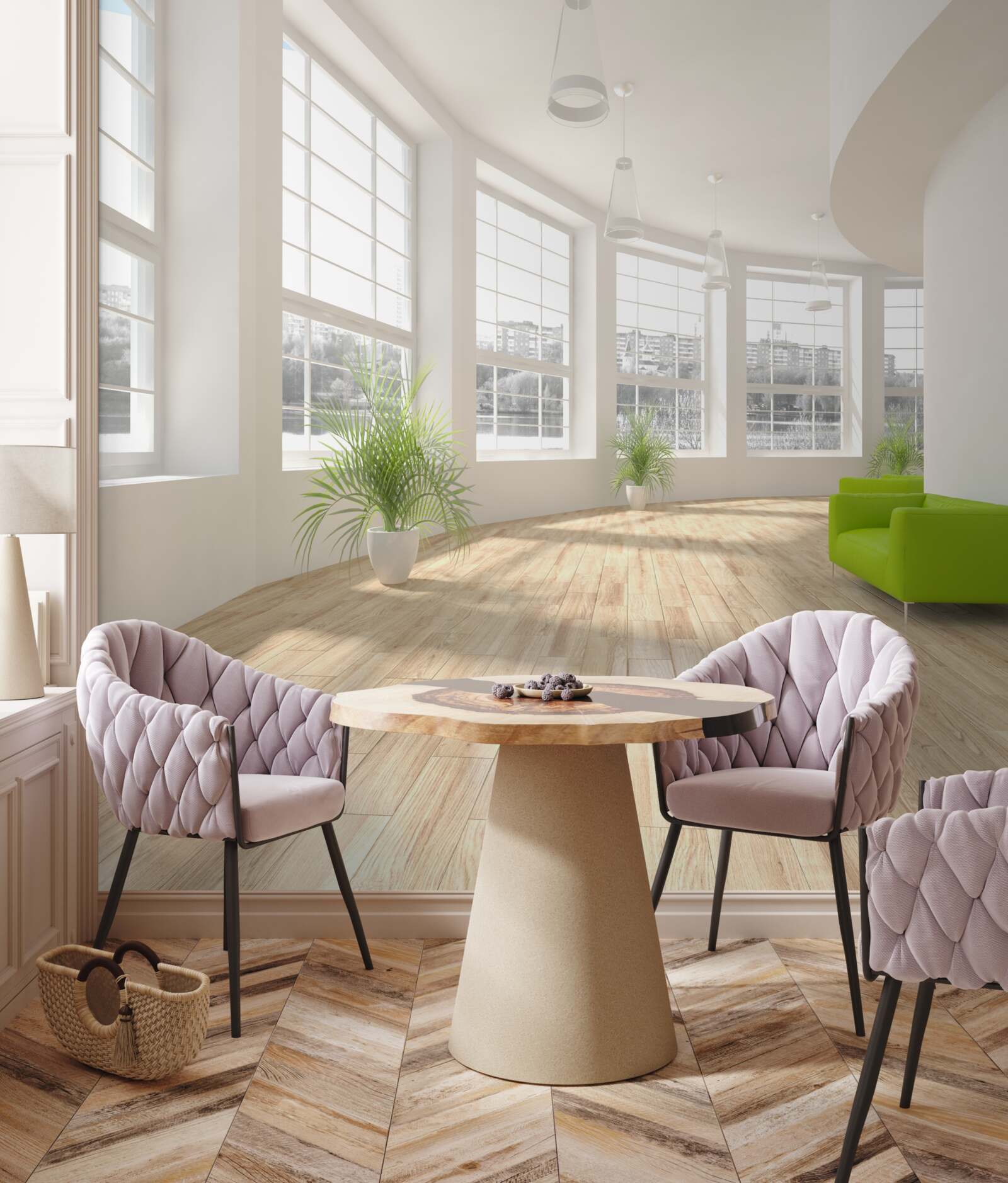 Fototapet coridor alb cu ferestre din podea până în tavan