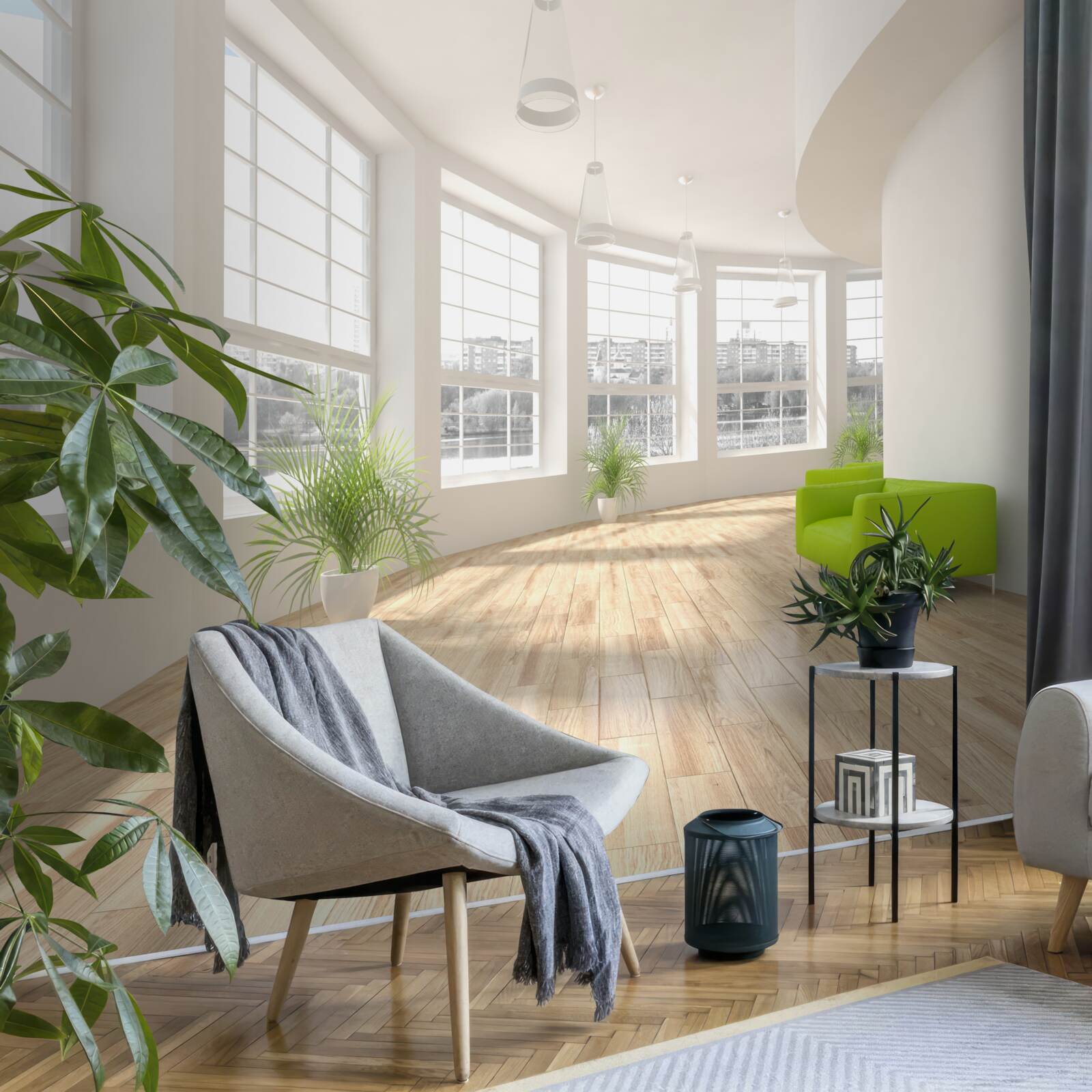 Fototapet coridor alb cu ferestre din podea până în tavan