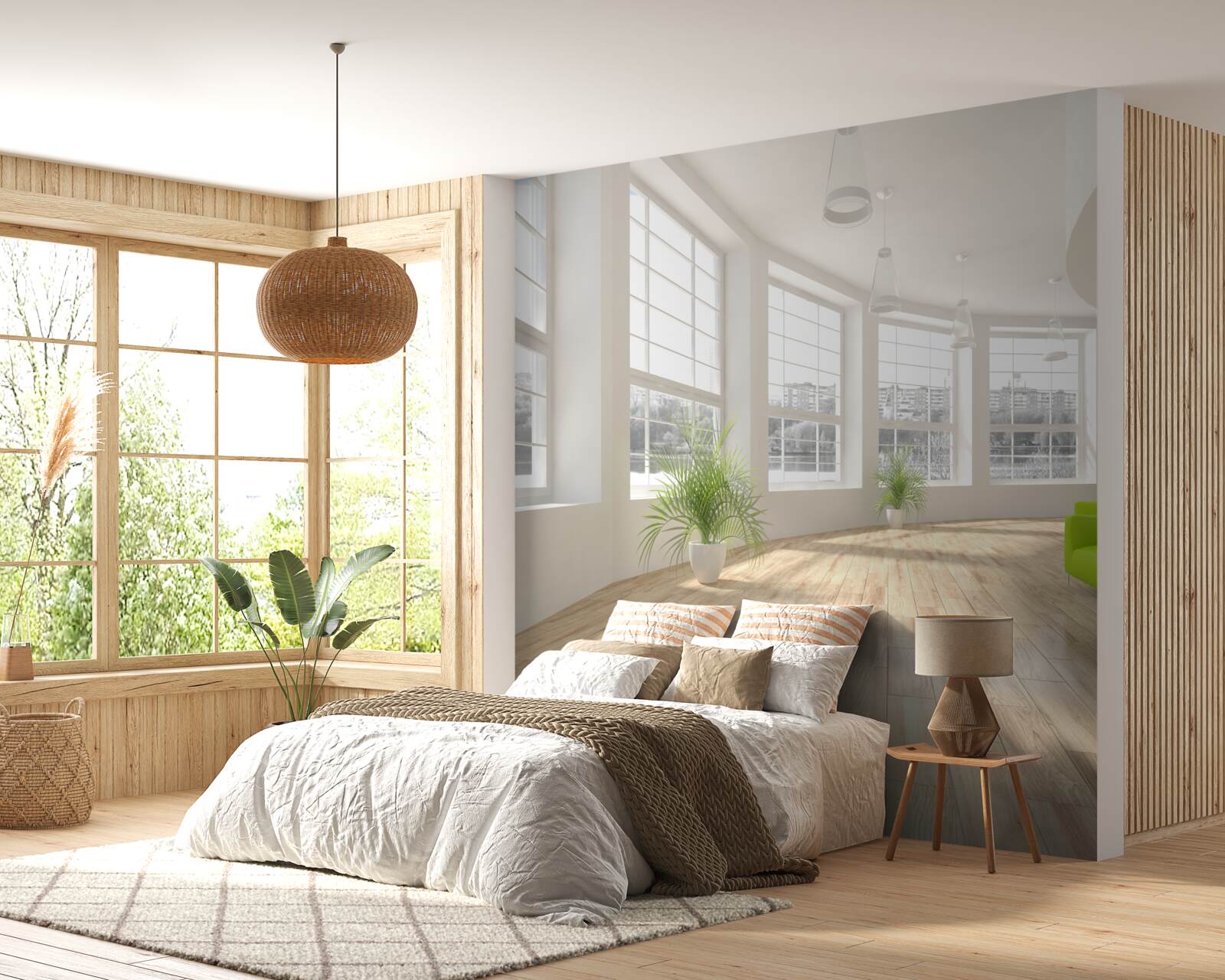 Fototapet coridor alb cu ferestre din podea până în tavan