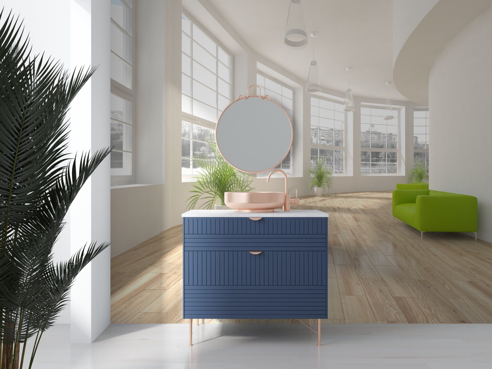 Fototapet coridor alb cu ferestre din podea până în tavan