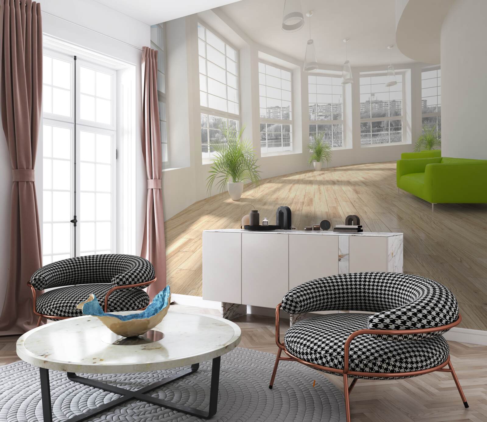 Fototapet coridor alb cu ferestre din podea până în tavan