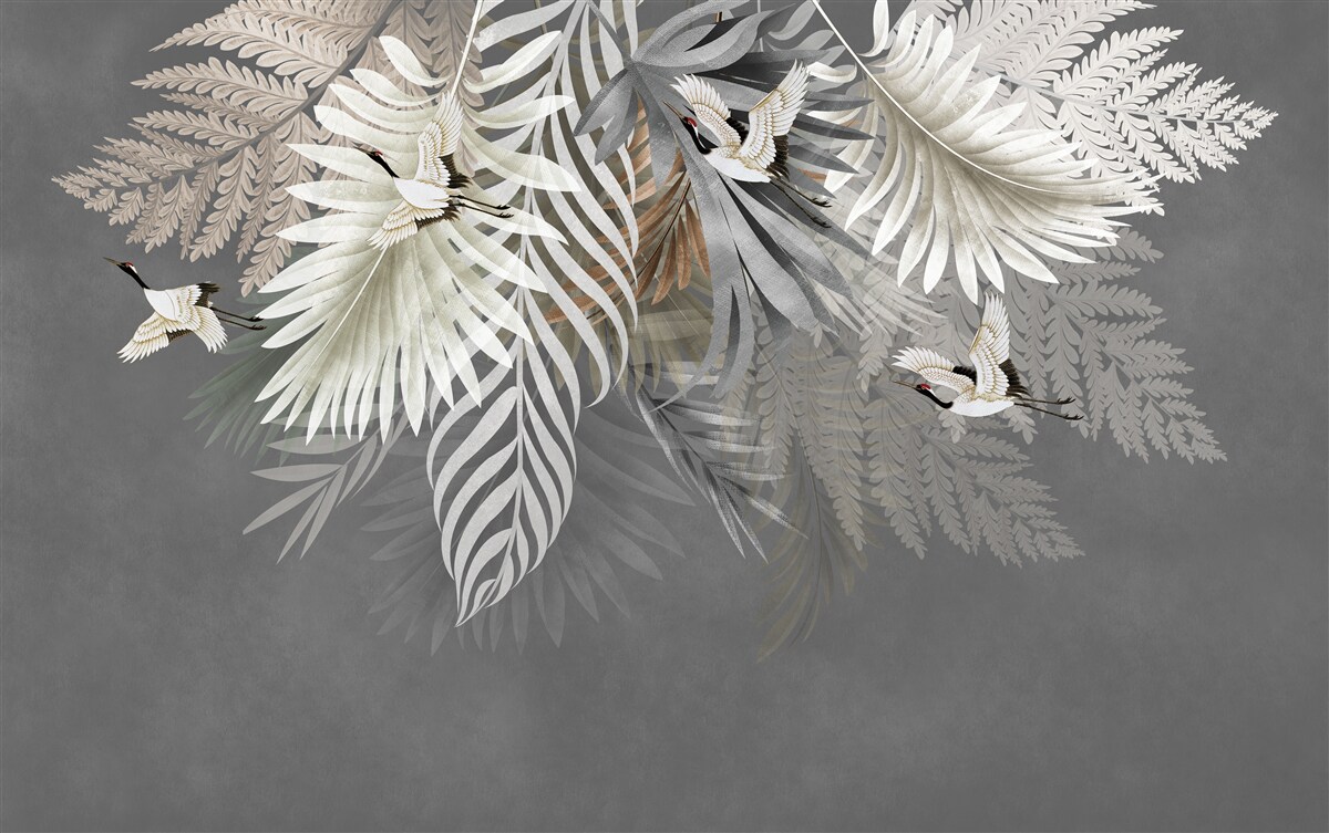 Fototapet frunze uriașe și creaturi cu pene