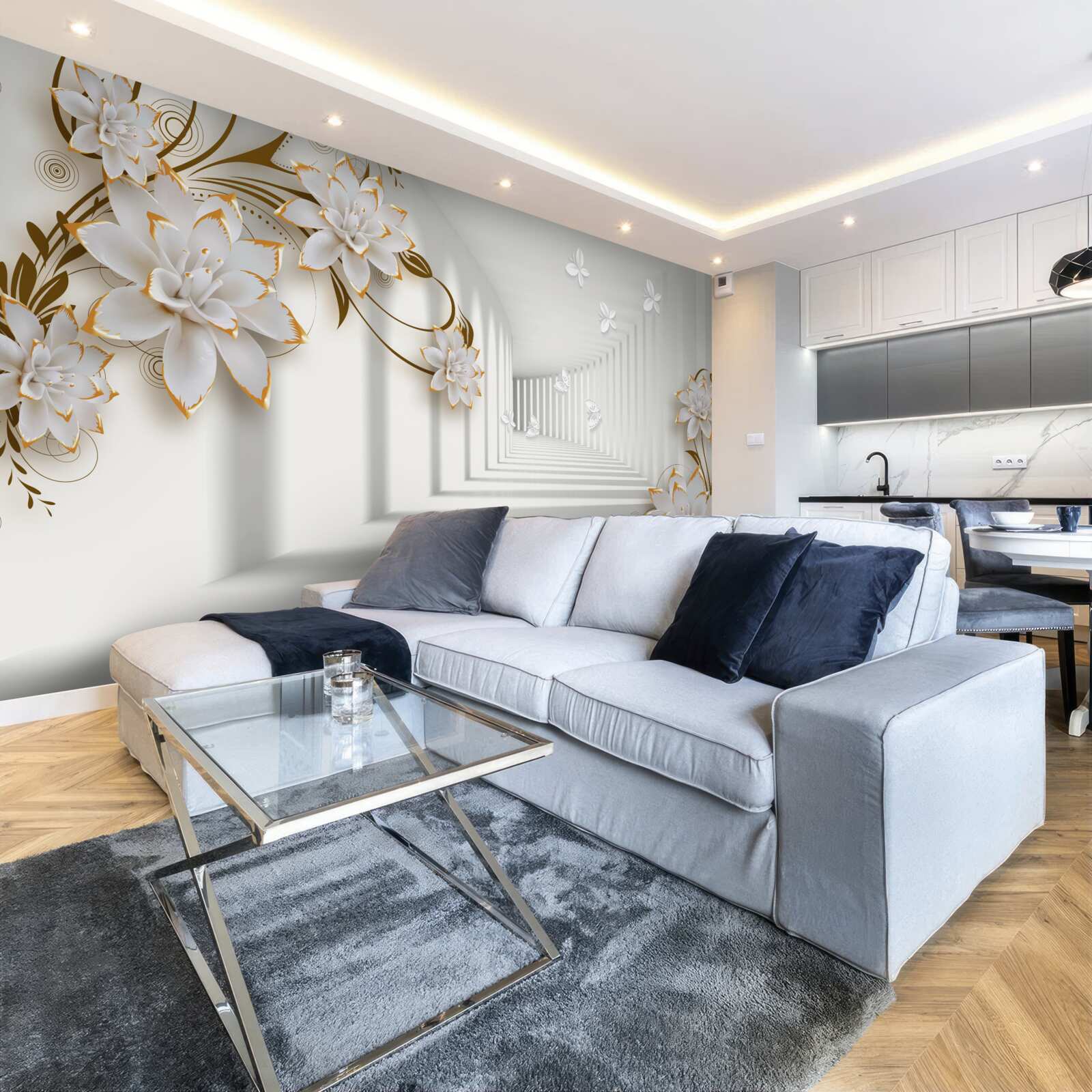 Fototapet coridor elegant în nuanțe de alb, decorat cu flori aurii