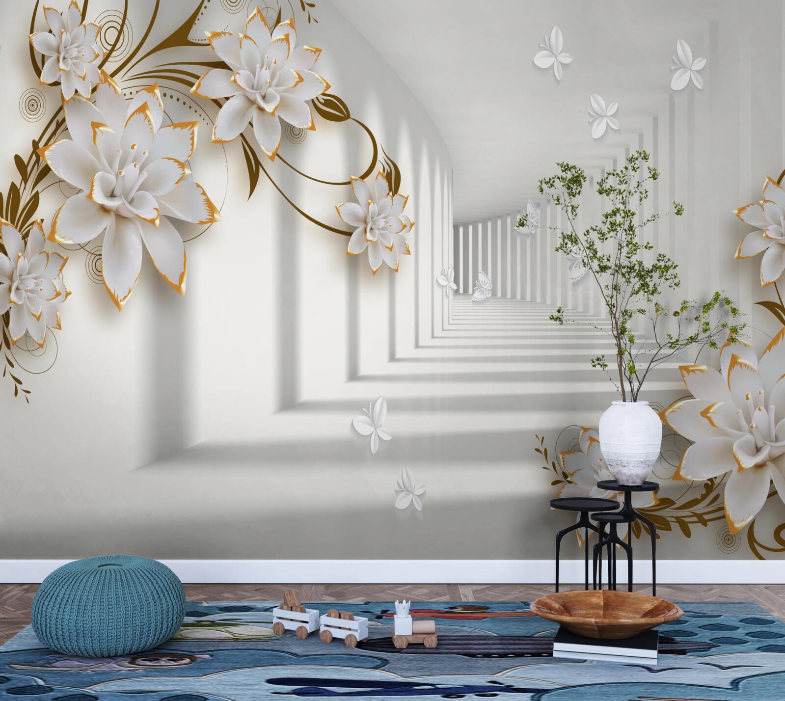 Fototapet coridor elegant în nuanțe de alb, decorat cu flori aurii