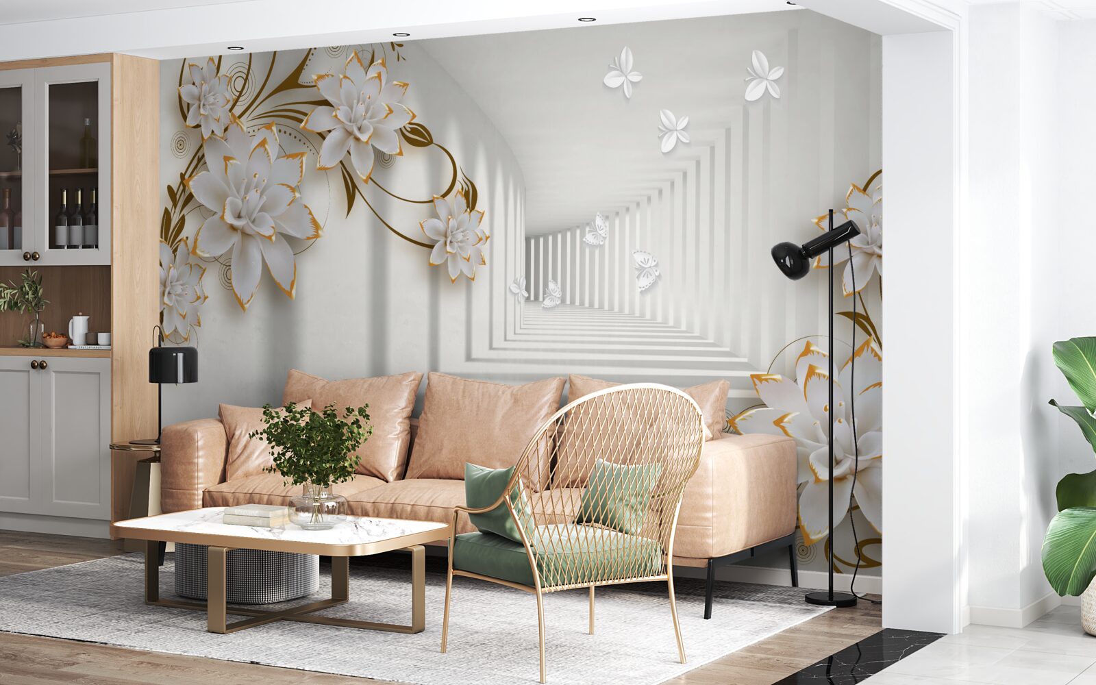 Fototapet coridor elegant în nuanțe de alb, decorat cu flori aurii