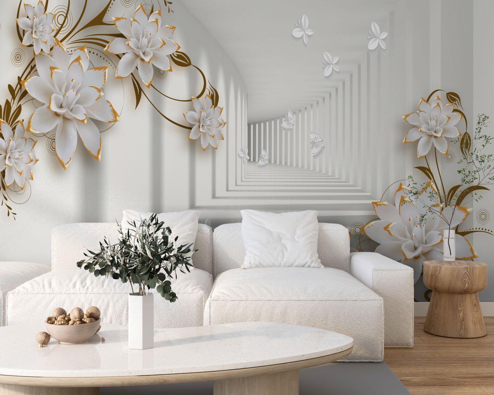 Fototapet coridor elegant în nuanțe de alb, decorat cu flori aurii