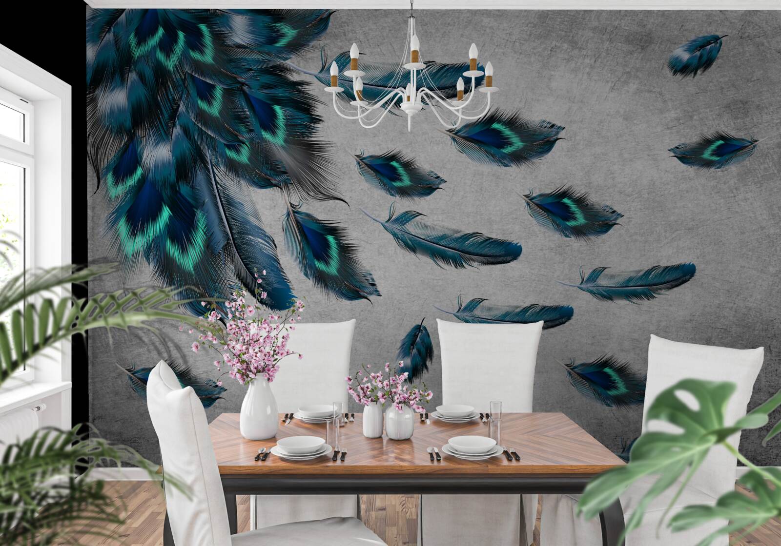 Fototapet pene de păun care zboară