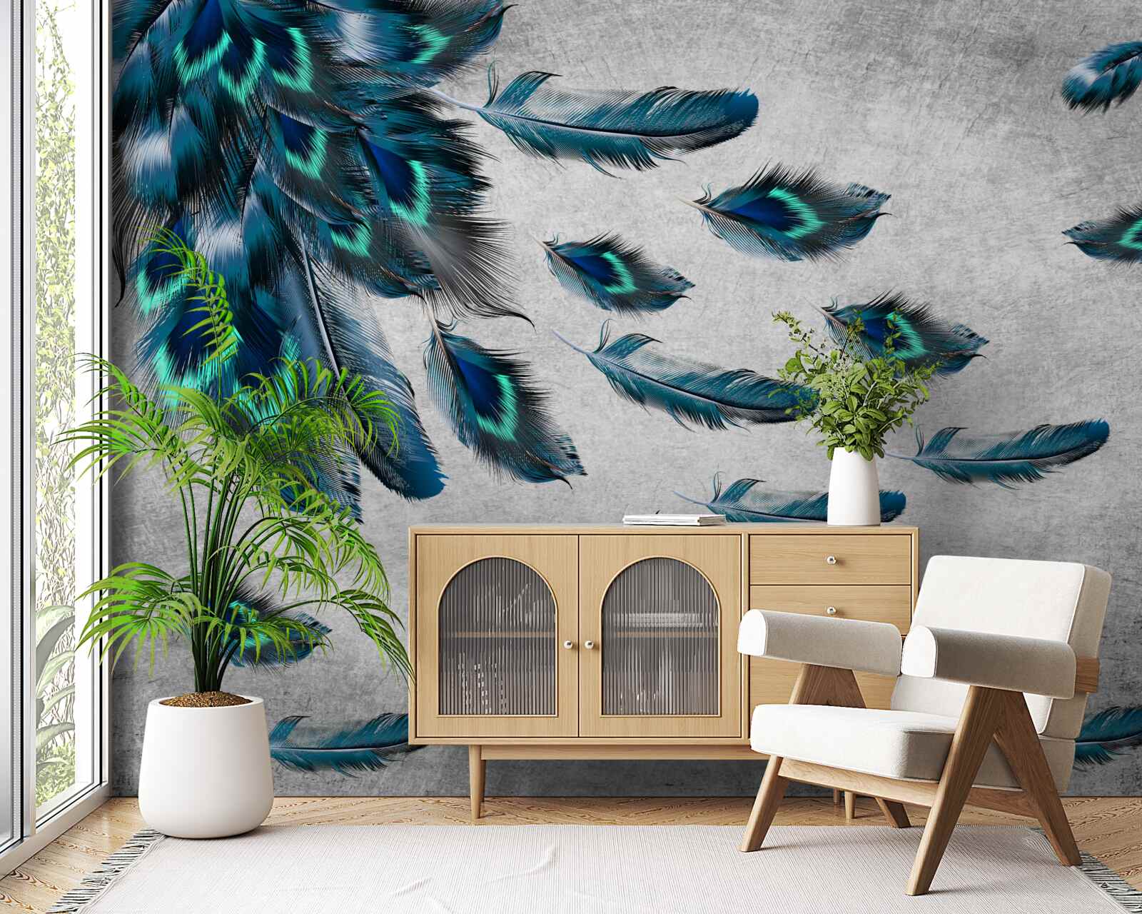 Fototapet pene de păun care zboară