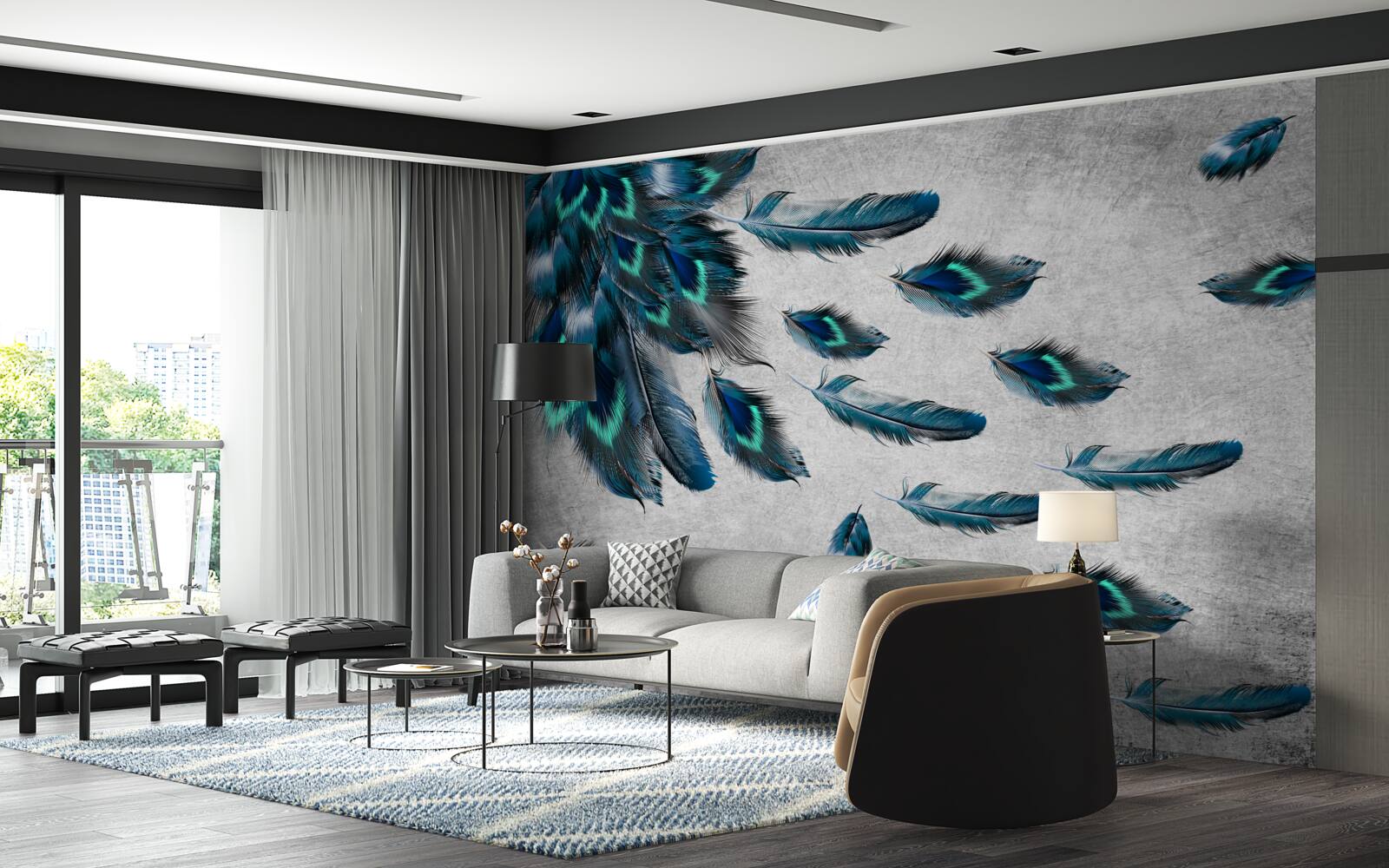 Fototapet pene de păun care zboară