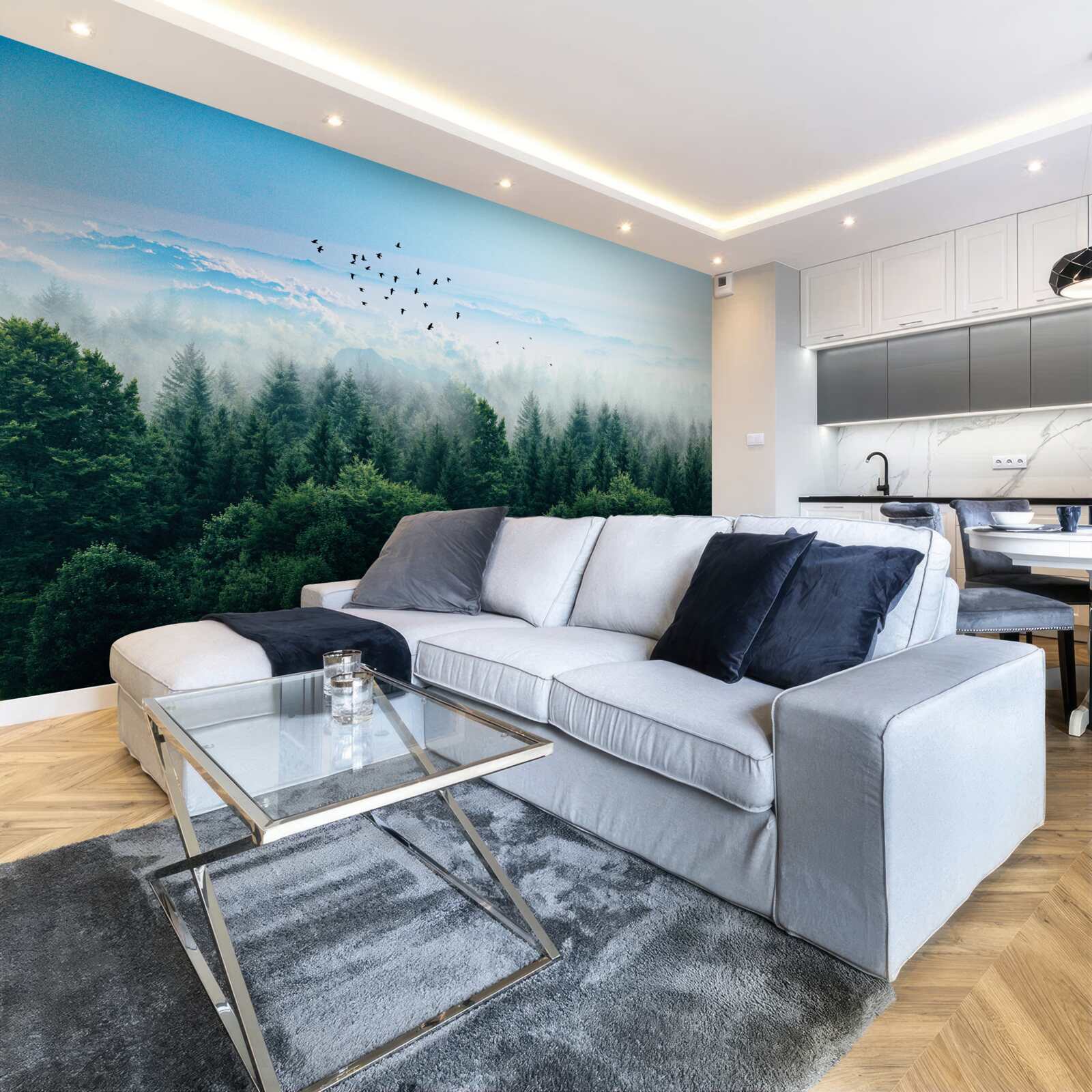 Fototapet păsările planează deasupra coroanelor giganților pădurii