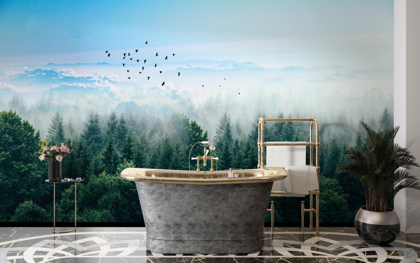 Fototapet păsările planează deasupra coroanelor giganților pădurii