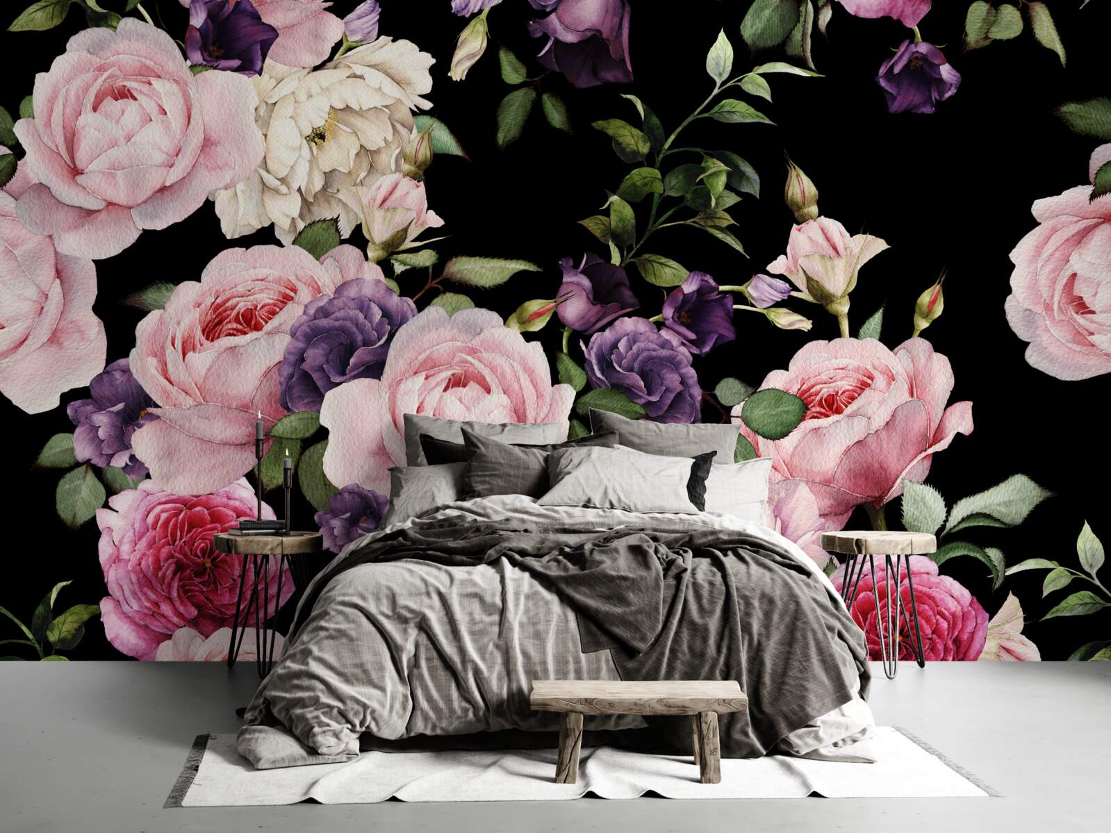 Fototapet trandafiri mari pe un fundal negru