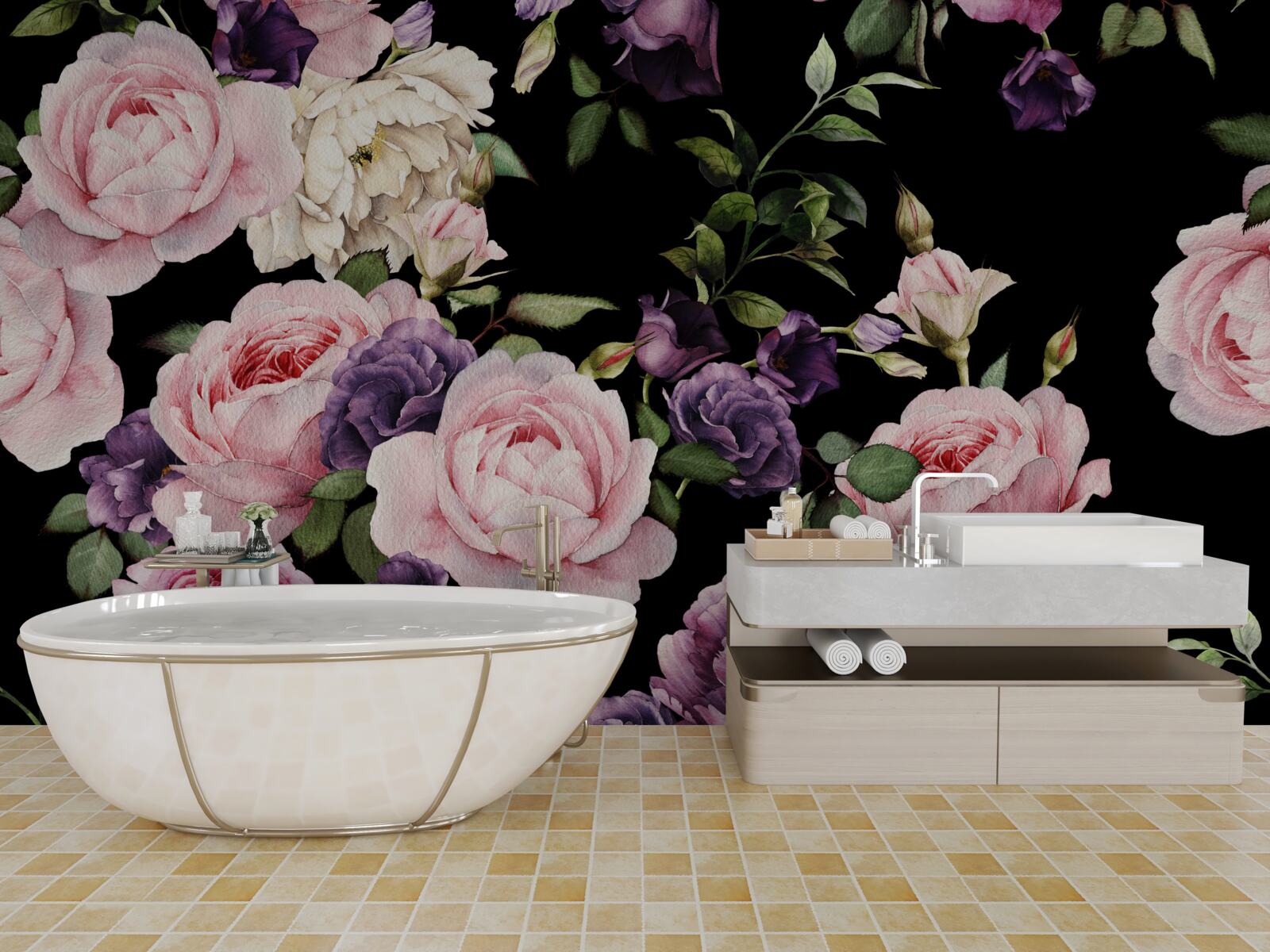 Fototapet trandafiri mari pe un fundal negru