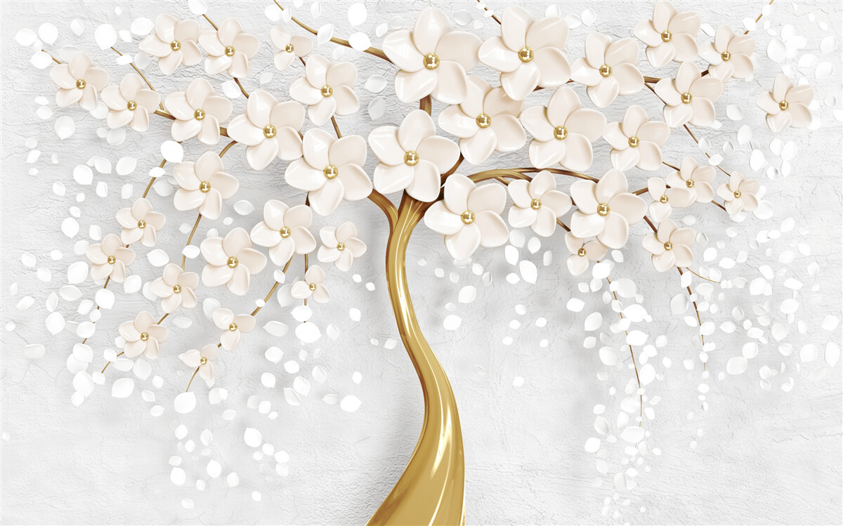 Fototapet un copac cu nuanțe aurii, cu flori miniaturale fermecătoare