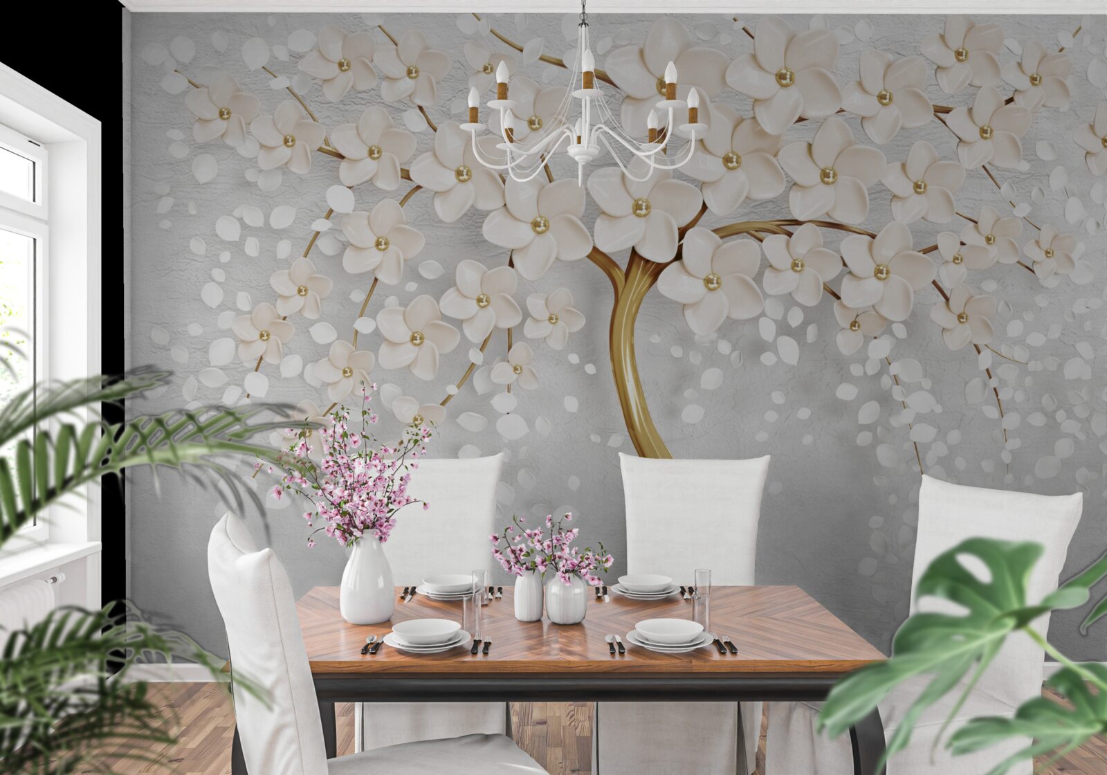 Fototapet un copac cu nuanțe aurii, cu flori miniaturale fermecătoare