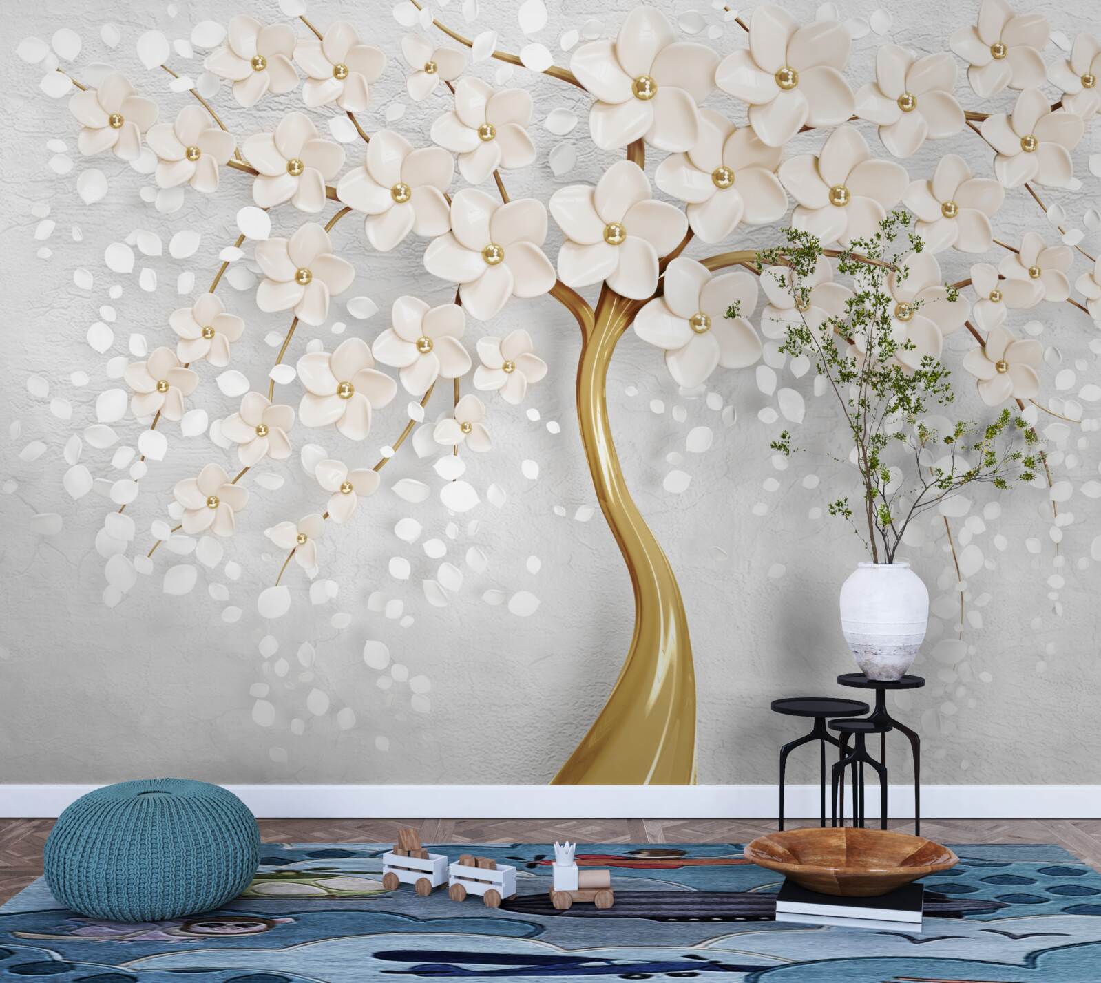 Fototapet un copac cu nuanțe aurii, cu flori miniaturale fermecătoare