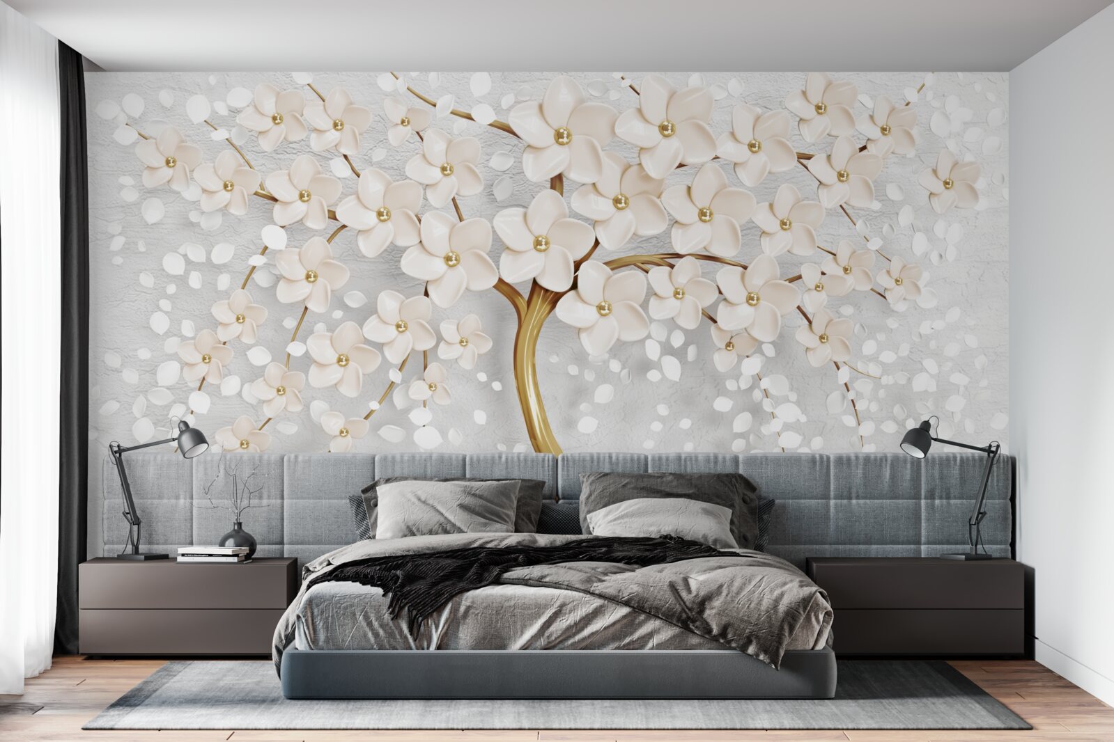 Fototapet un copac cu nuanțe aurii, cu flori miniaturale fermecătoare