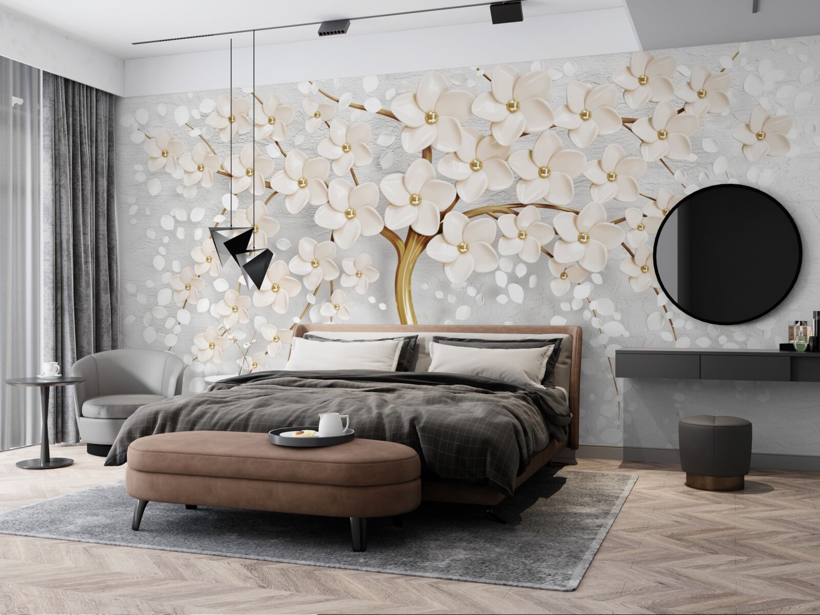 Fototapet un copac cu nuanțe aurii, cu flori miniaturale fermecătoare