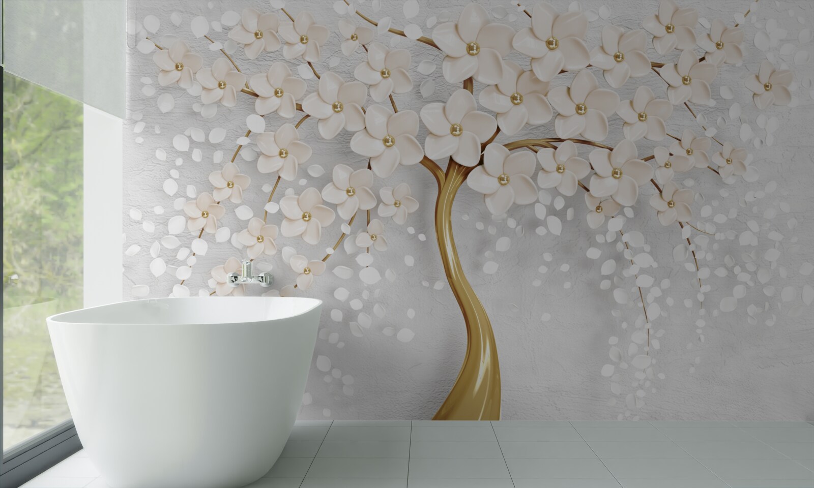 Fototapet un copac cu nuanțe aurii, cu flori miniaturale fermecătoare