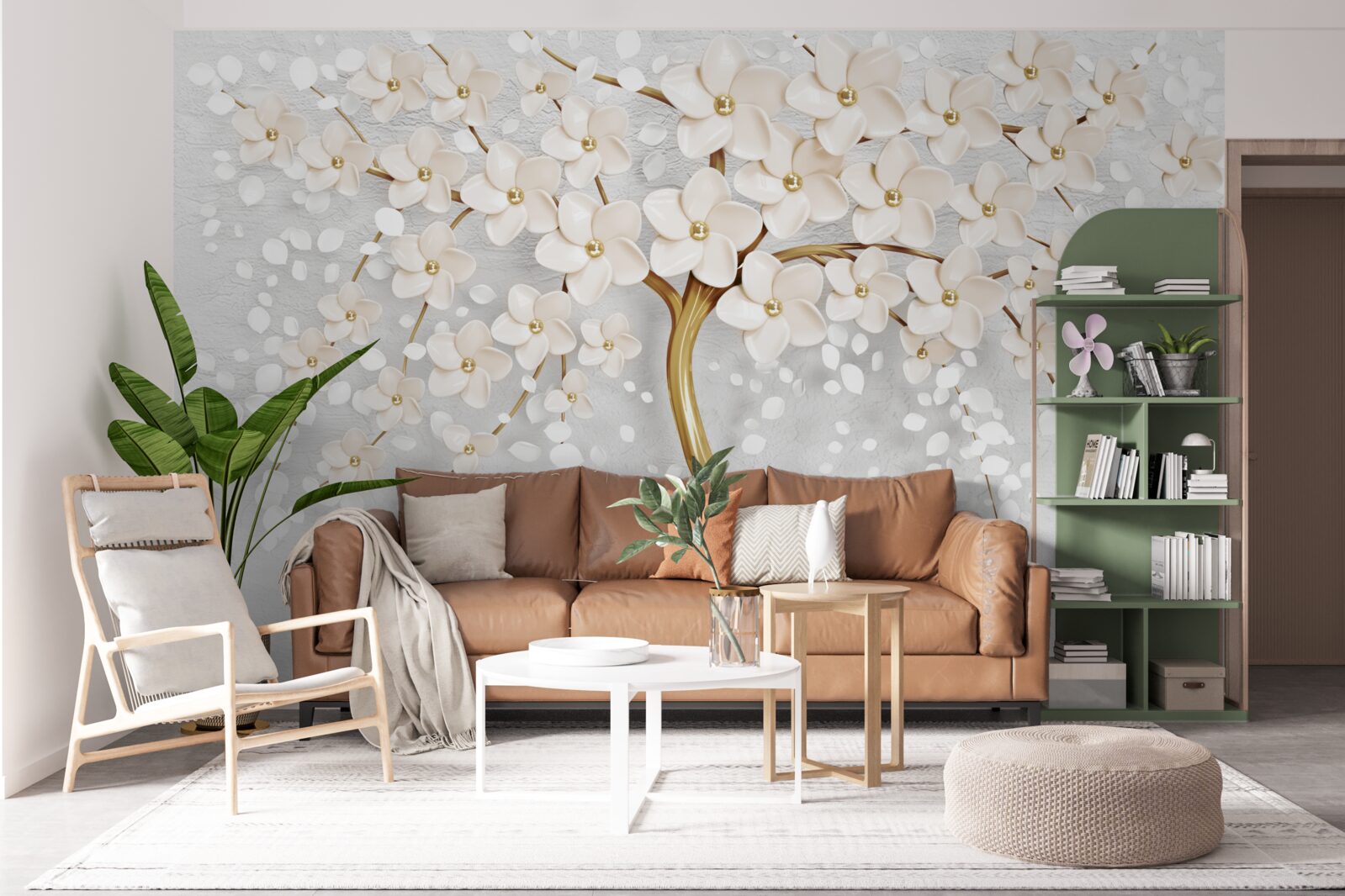 Fototapet un copac cu nuanțe aurii, cu flori miniaturale fermecătoare