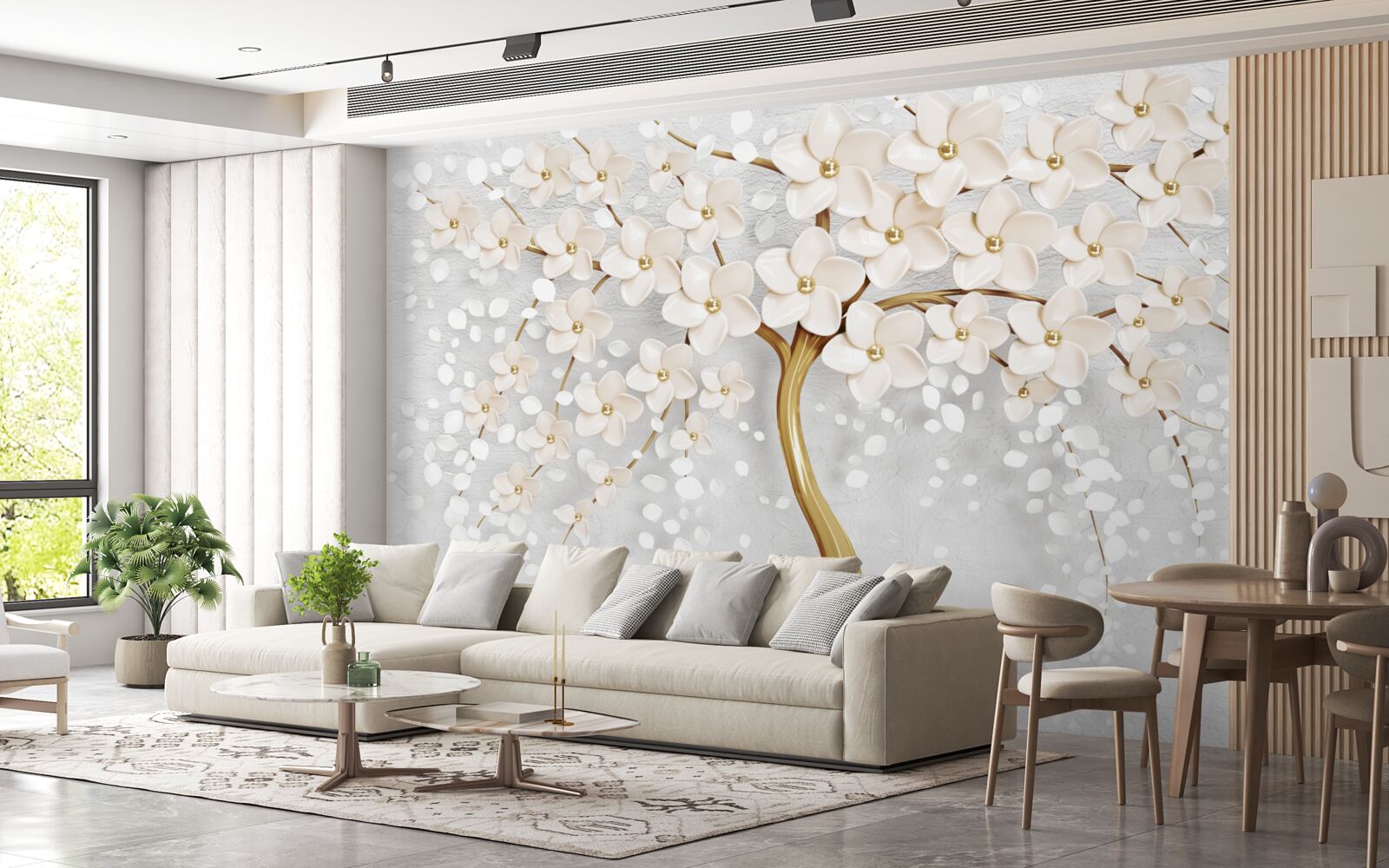 Fototapet un copac cu nuanțe aurii, cu flori miniaturale fermecătoare