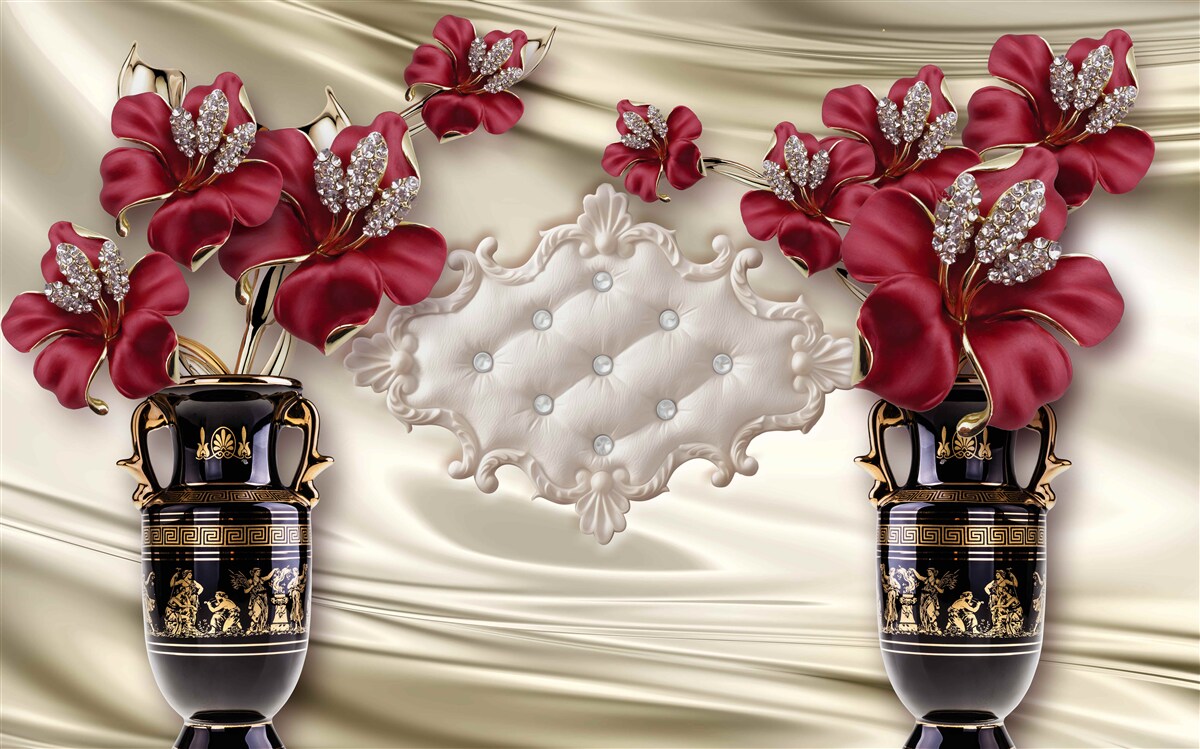 Fototapet vaze negre cu crini roșii