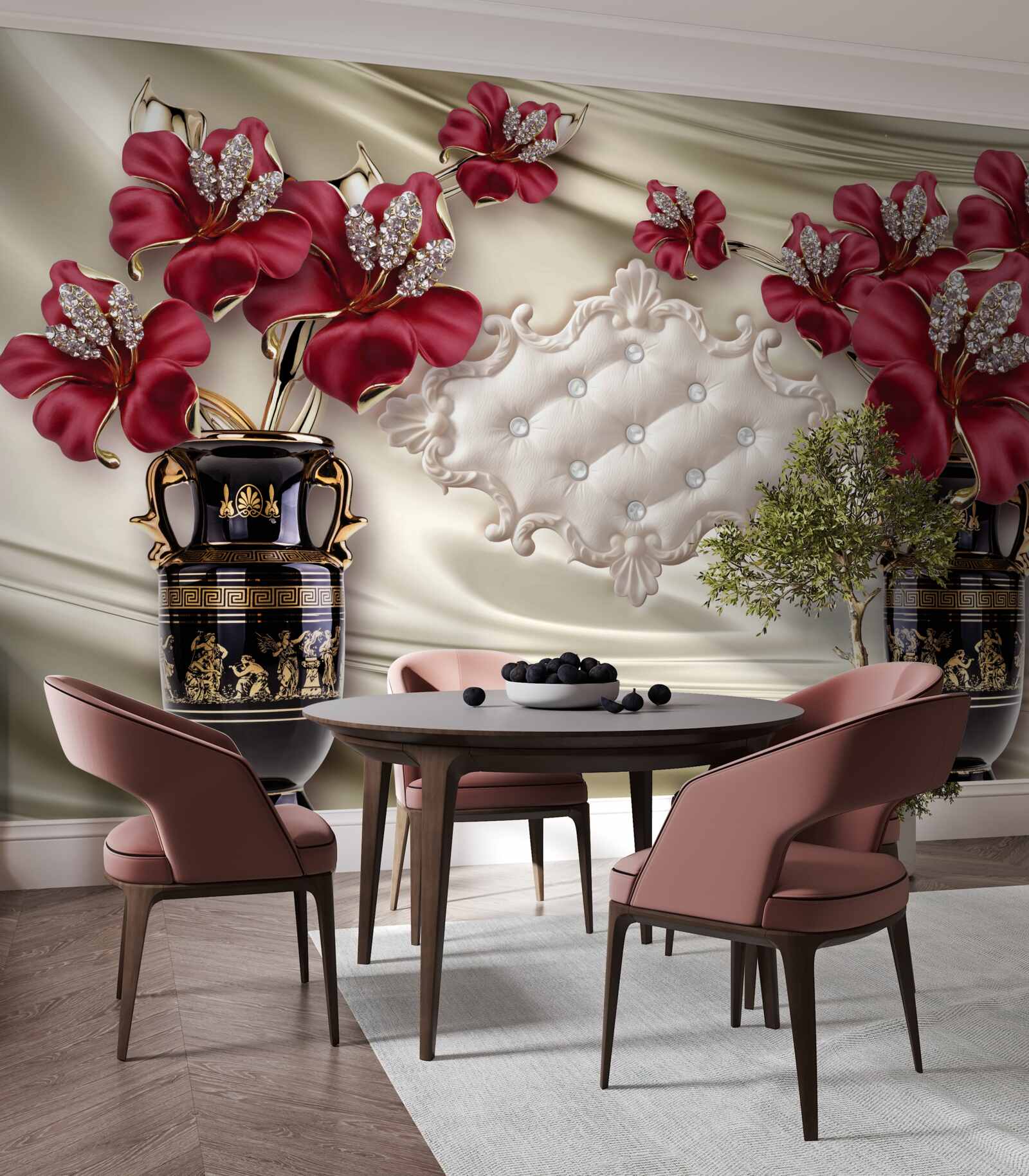 Fototapet vaze negre cu crini roșii