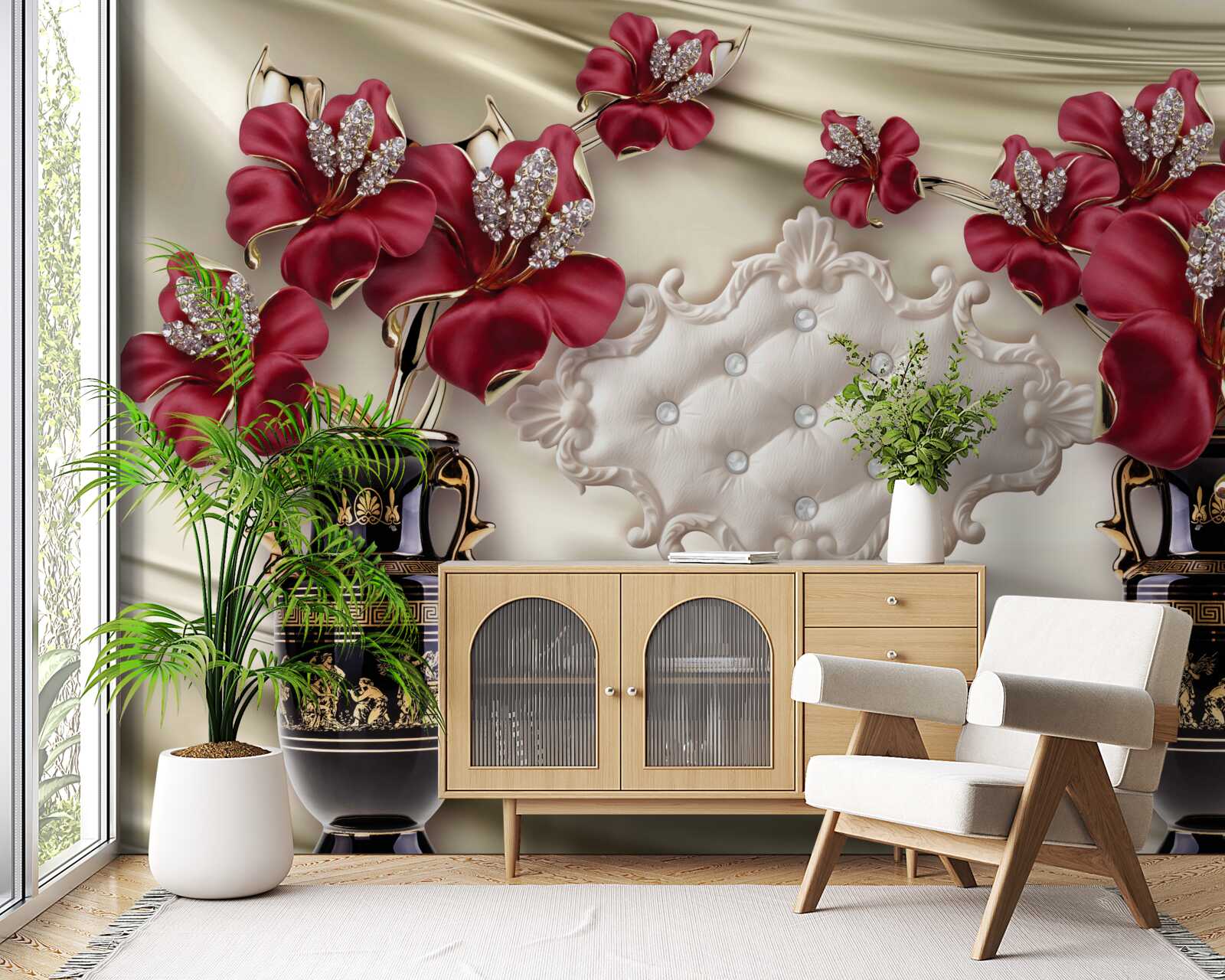 Fototapet vaze negre cu crini roșii