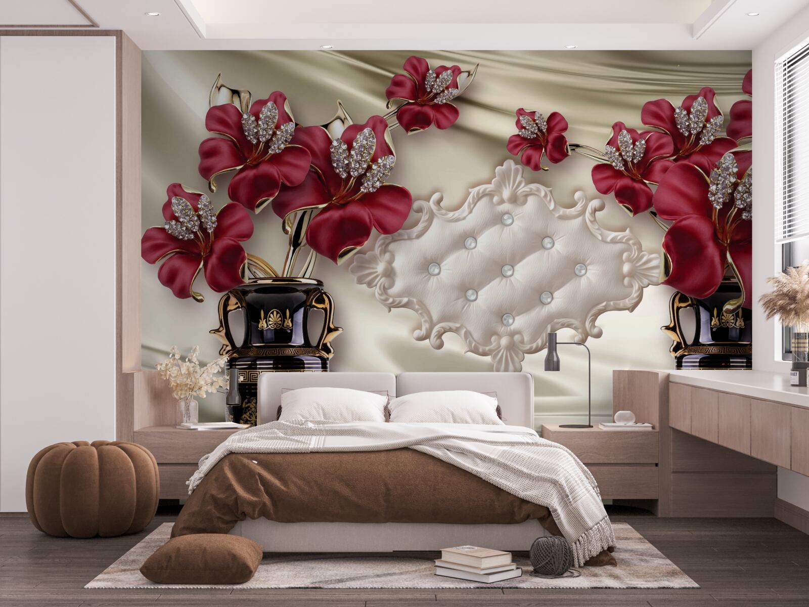 Fototapet vaze negre cu crini roșii