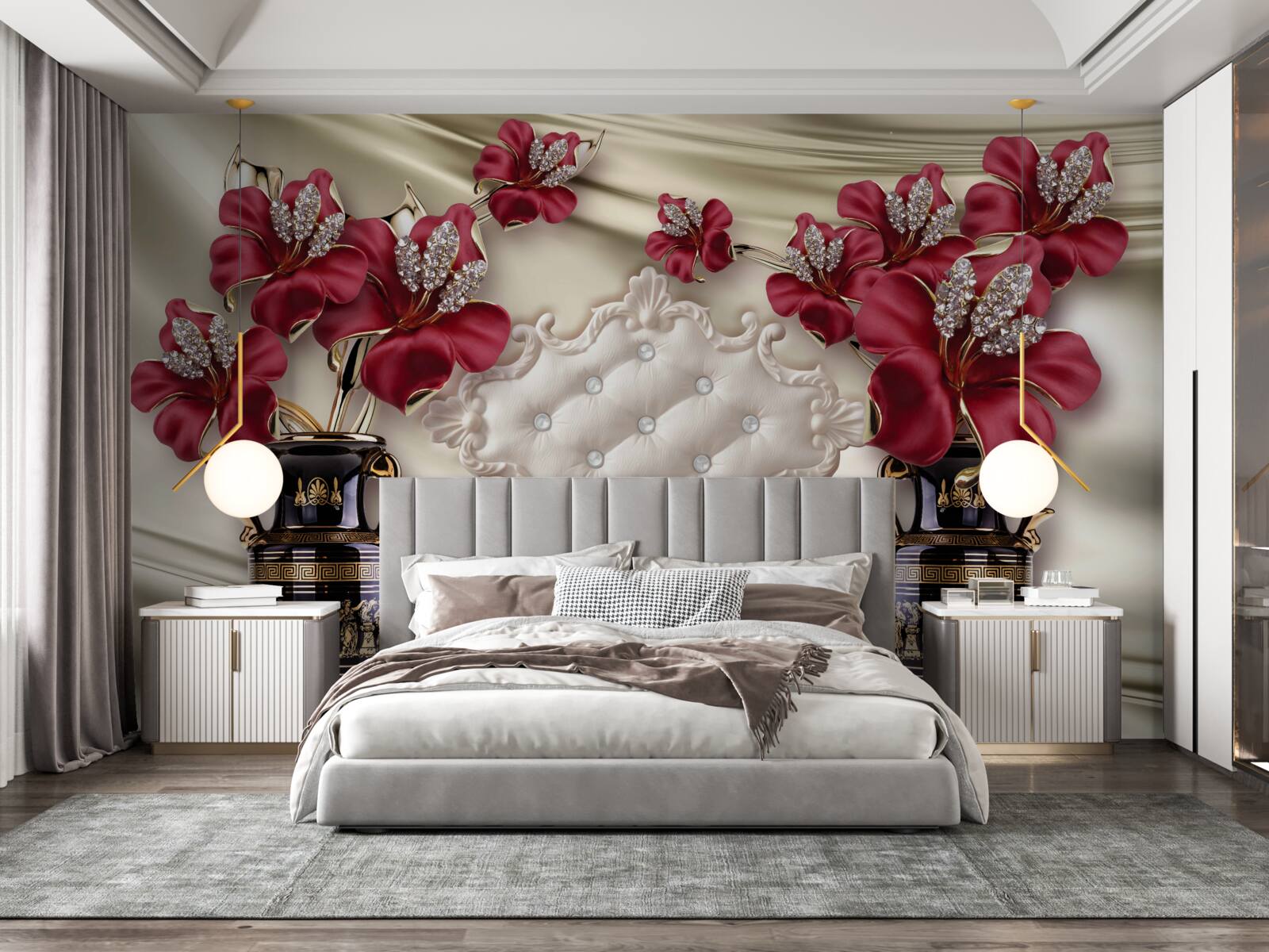 Fototapet vaze negre cu crini roșii