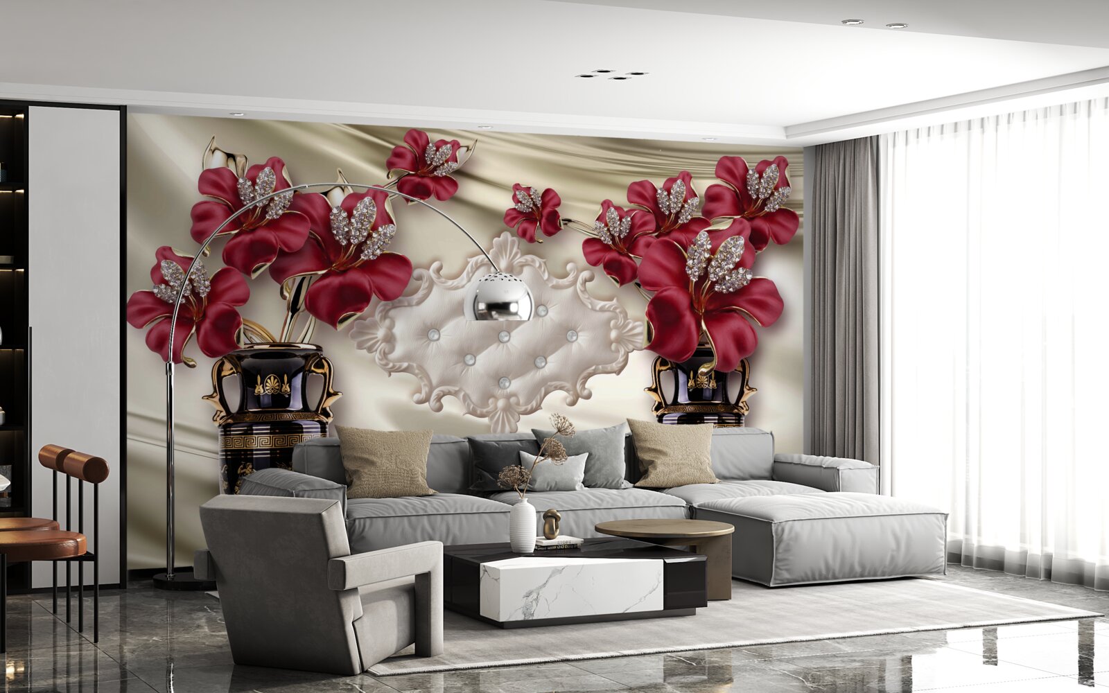 Fototapet vaze negre cu crini roșii