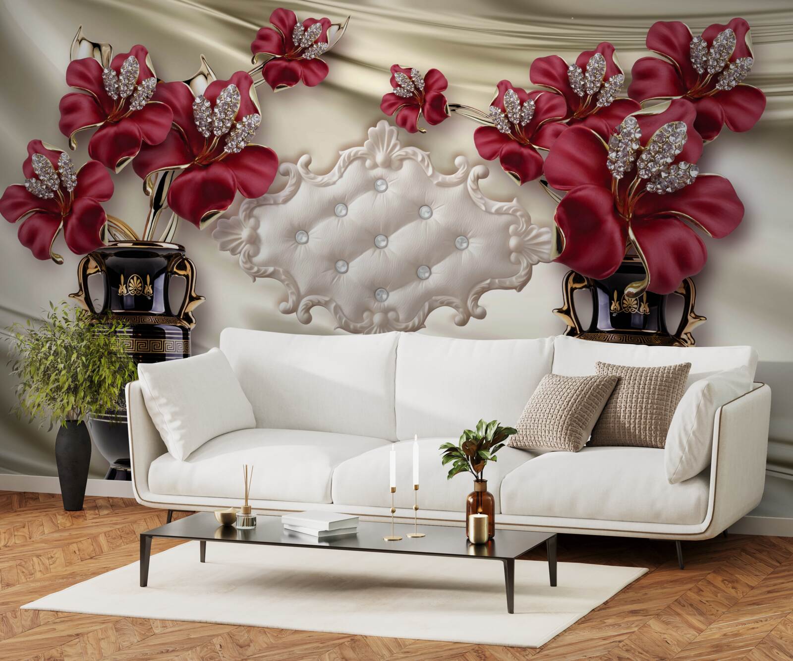 Fototapet vaze negre cu crini roșii